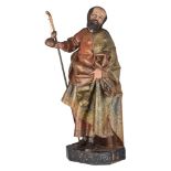 A polychrome walnut sculpture of Saint James the Great, Spanish, 18thC, H 68 cm