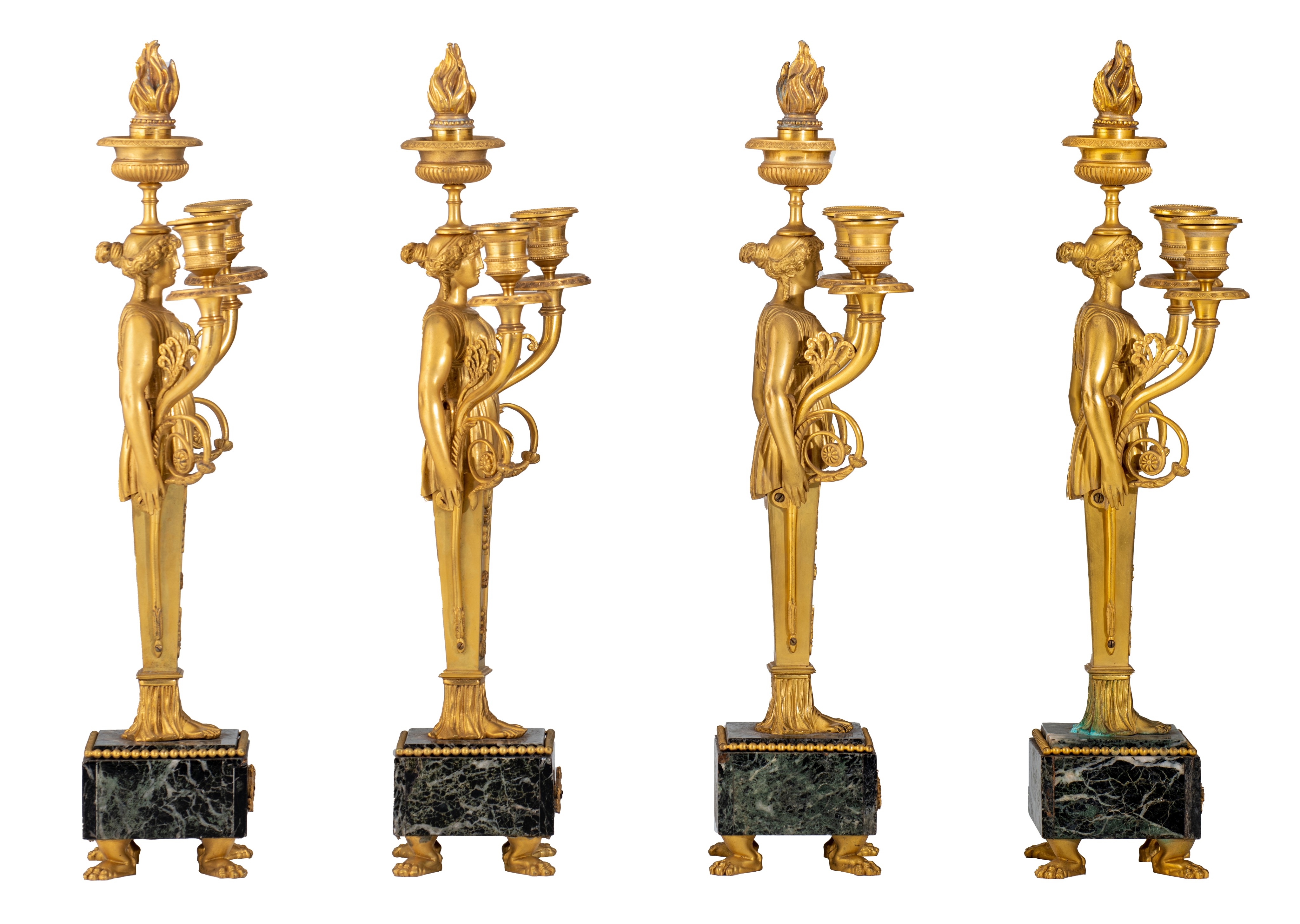 A set of four Empire style caryatid candelabras, gilt bronze on a vert de mer marble base, H 51,5 cm - Image 4 of 5