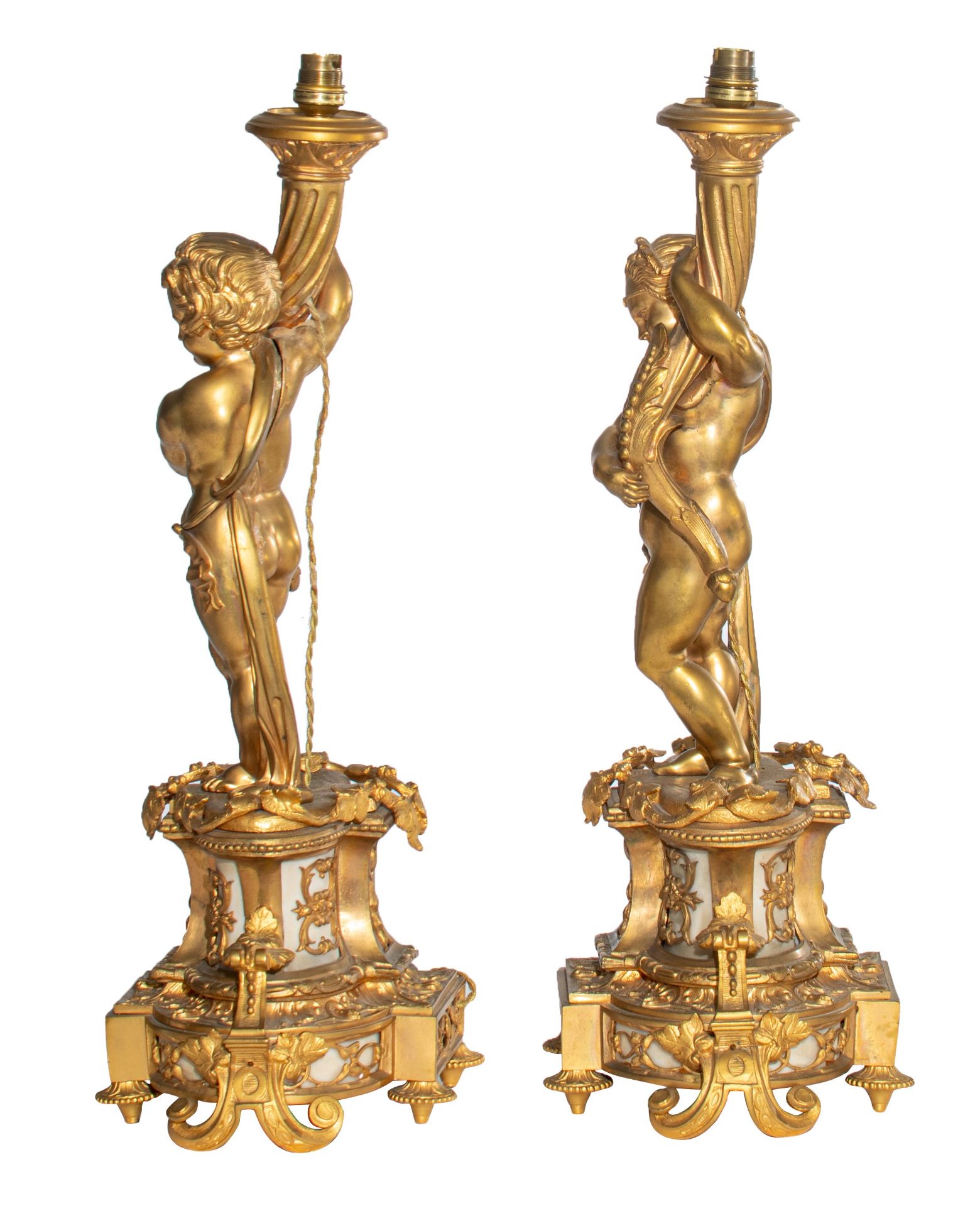 A pair of Neoclassical gilt bronze figural lamps on stands, and a matching pair of sculptures of put - Image 3 of 12