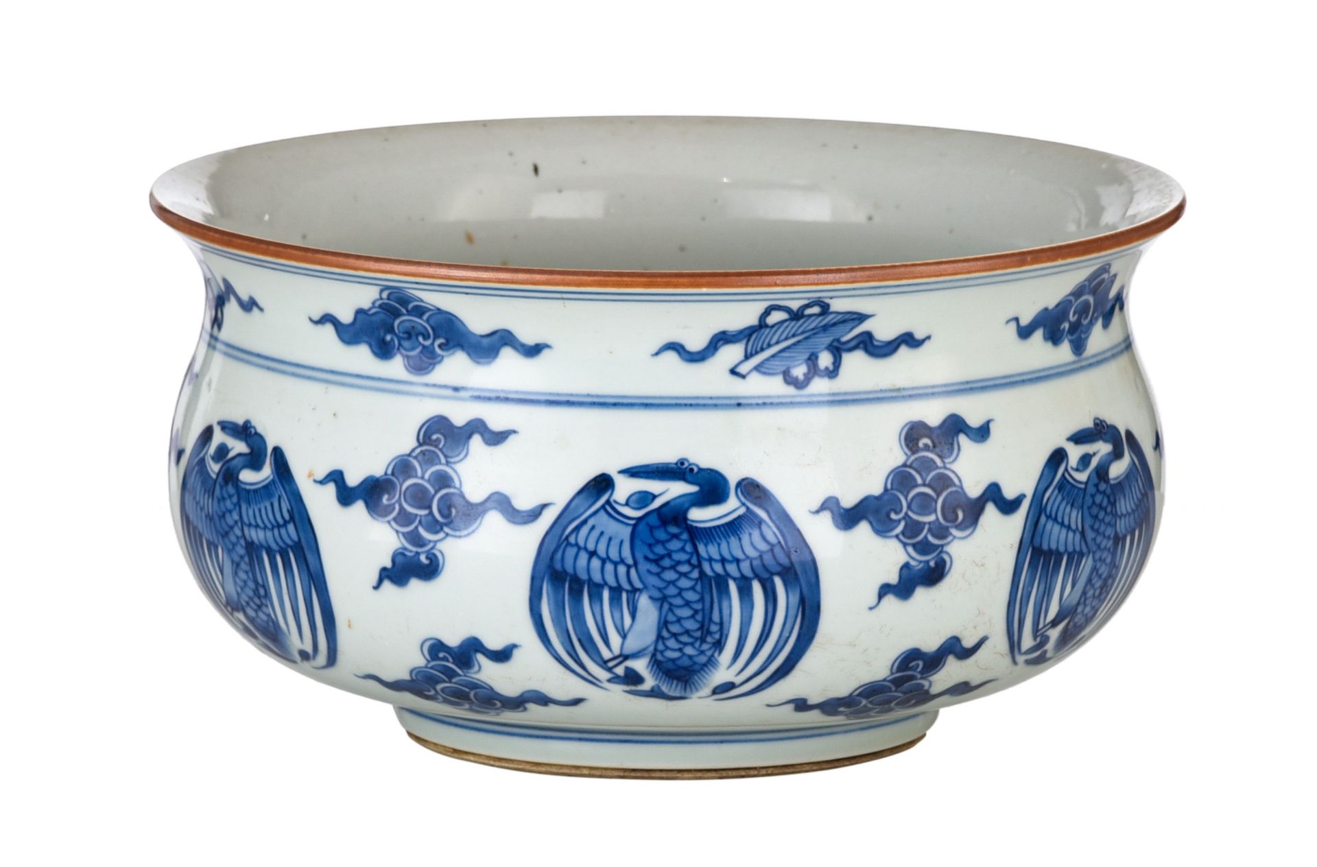 A Chinese blue and white 'Phoenix' censer, H 14 - dia. 26,3 cm