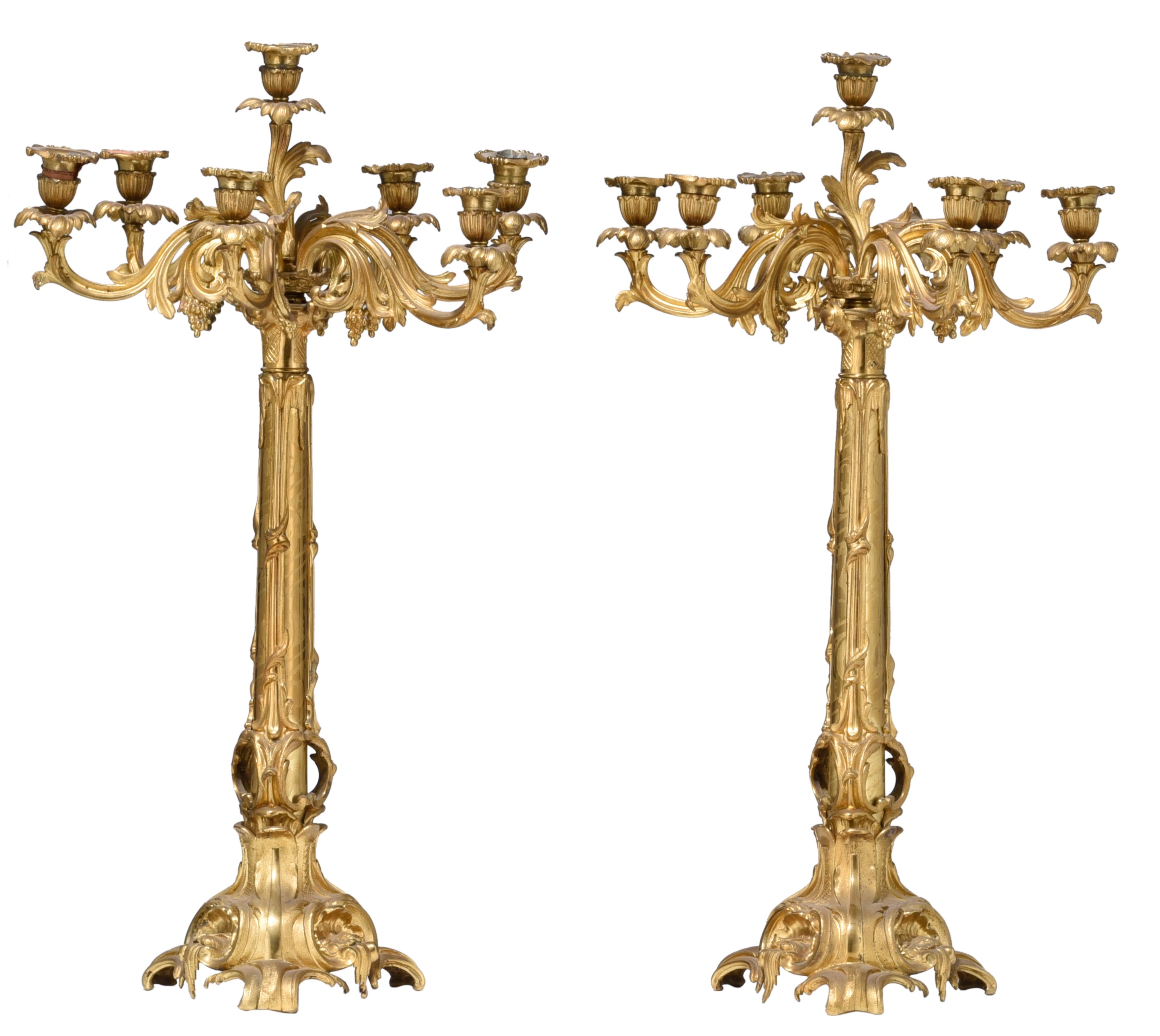 A large pair of Napoleon III gilt bronze candelabras and a matching coupe, H 74 - W 59 cm - Image 10 of 13