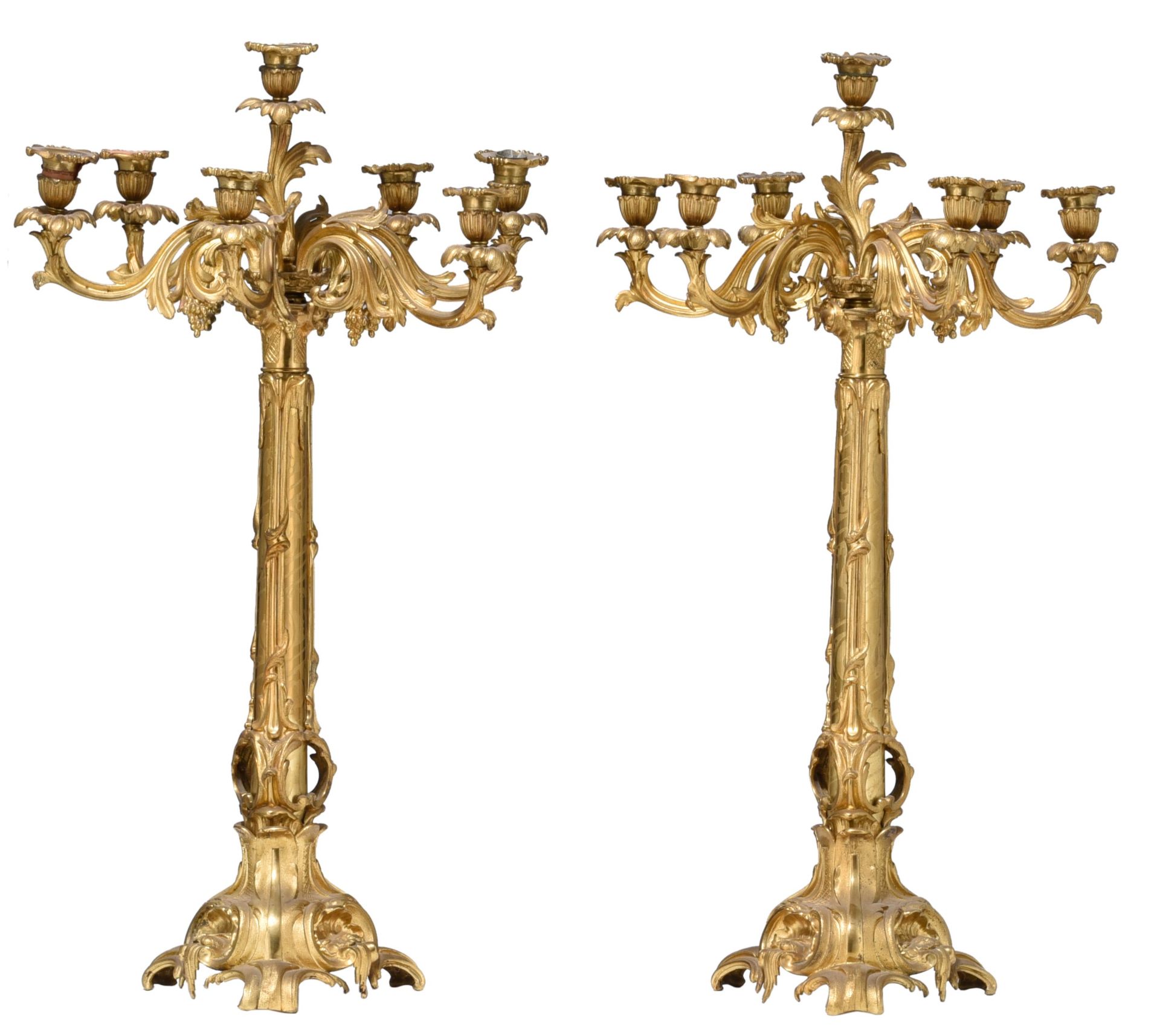 A large pair of Napoleon III gilt bronze candelabras and a matching coupe, H 74 - W 59 cm - Image 10 of 13