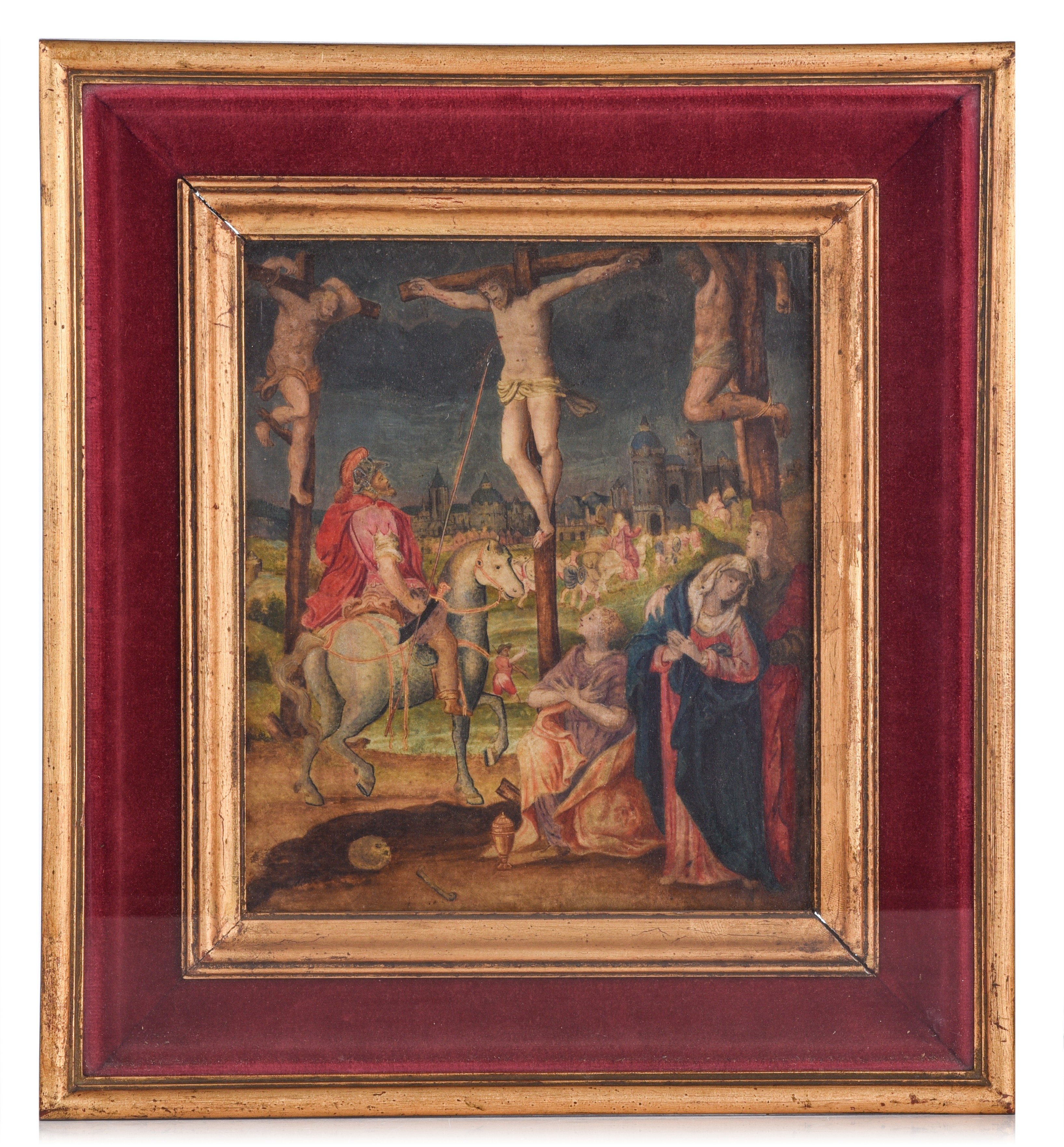 Golgotha, Italian School, 16thC, watercolour on parchment on a cradled oak panel, 19,5 x 23 cm - Bild 3 aus 4