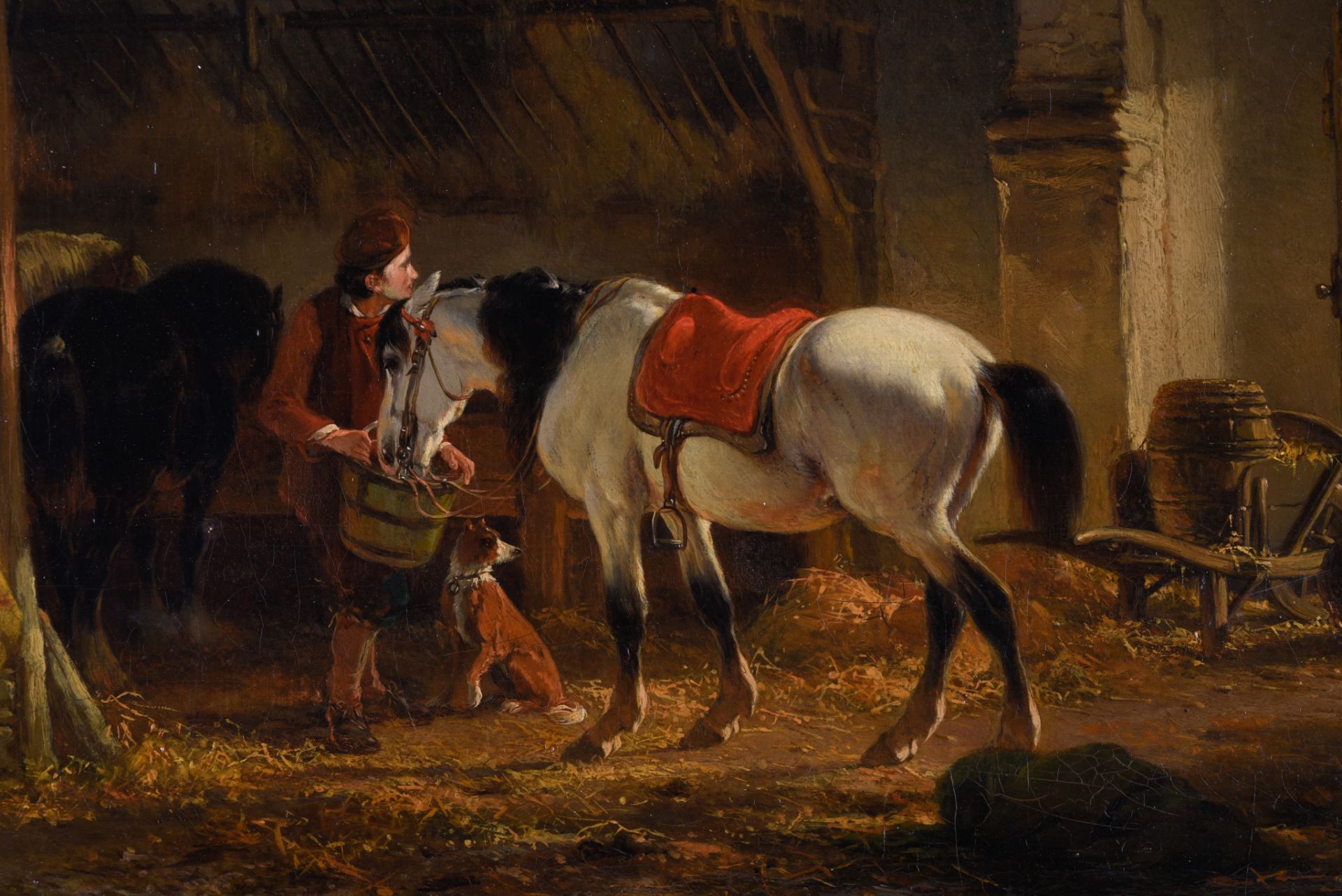 Joseph Moerenhout, Horses in a barn, 19thC, oil on canvas, 38 x 49 cm - Image 4 of 8