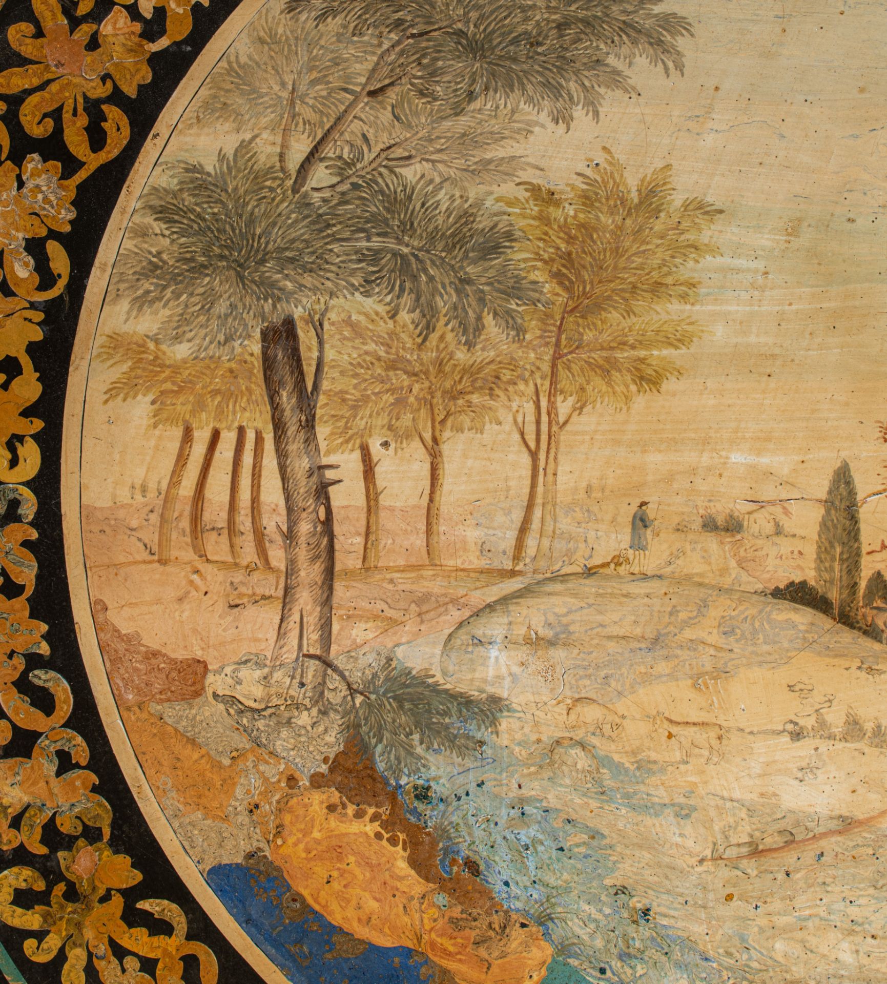 An Italian scagliola circular tabletop, a marble ground with hand-painted central pastoral scene, ca - Image 3 of 8