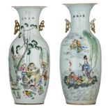 Two Chinese famille rose 'figural' vases, the back with a signed text, Republic period, H 56,5 - 58