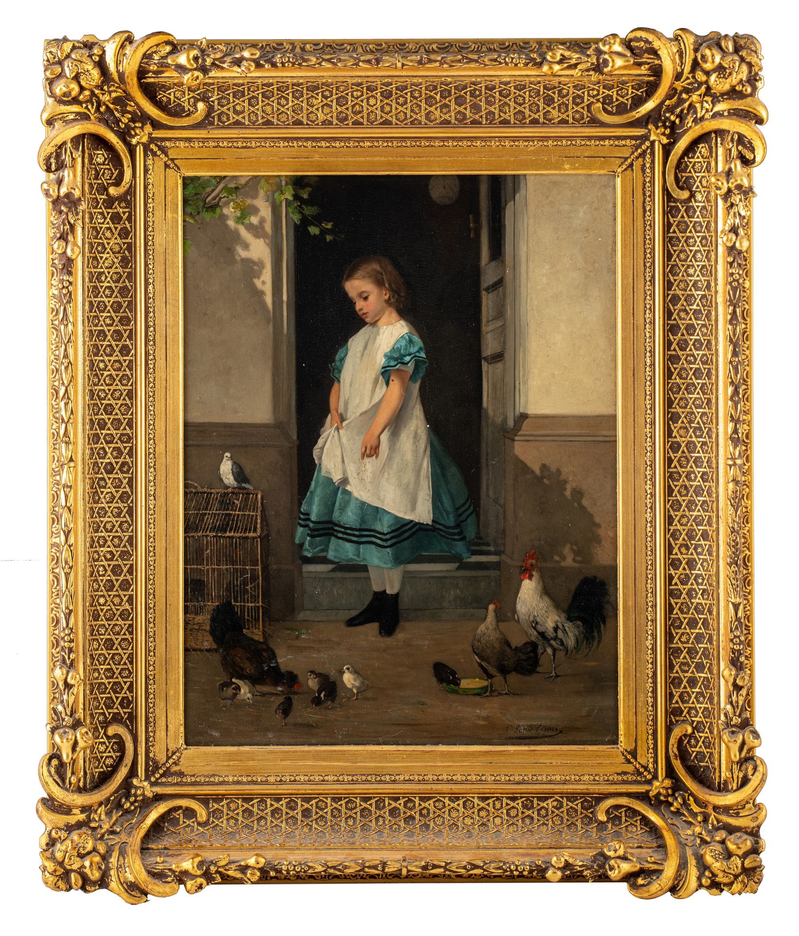 Louis Charles Verwee (1832-1882), girl with birds, oil on mahogany, 44 x 58,5 cm - Image 2 of 5