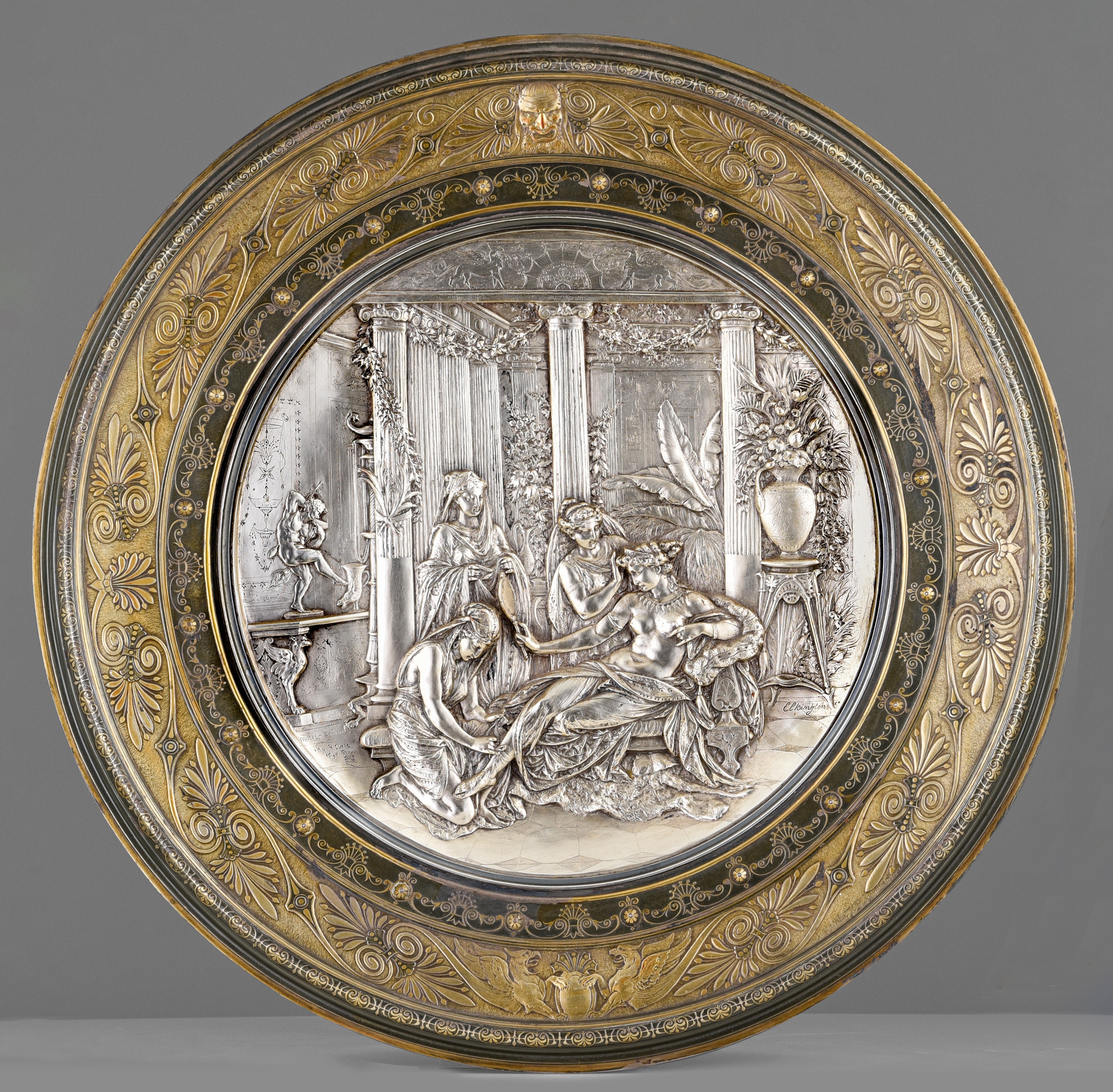 Leonard Morel-Ladeuil (1820-1888), 'Pompean Lady at her Toilet', 1876, silver-plated plate, 'Elkingt - Image 2 of 7