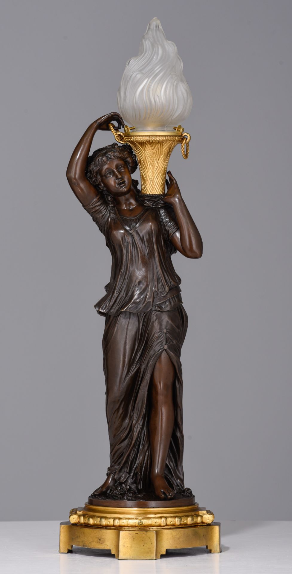 A gilt and patinated bronze figural lamp, H 57 cm - Image 2 of 7