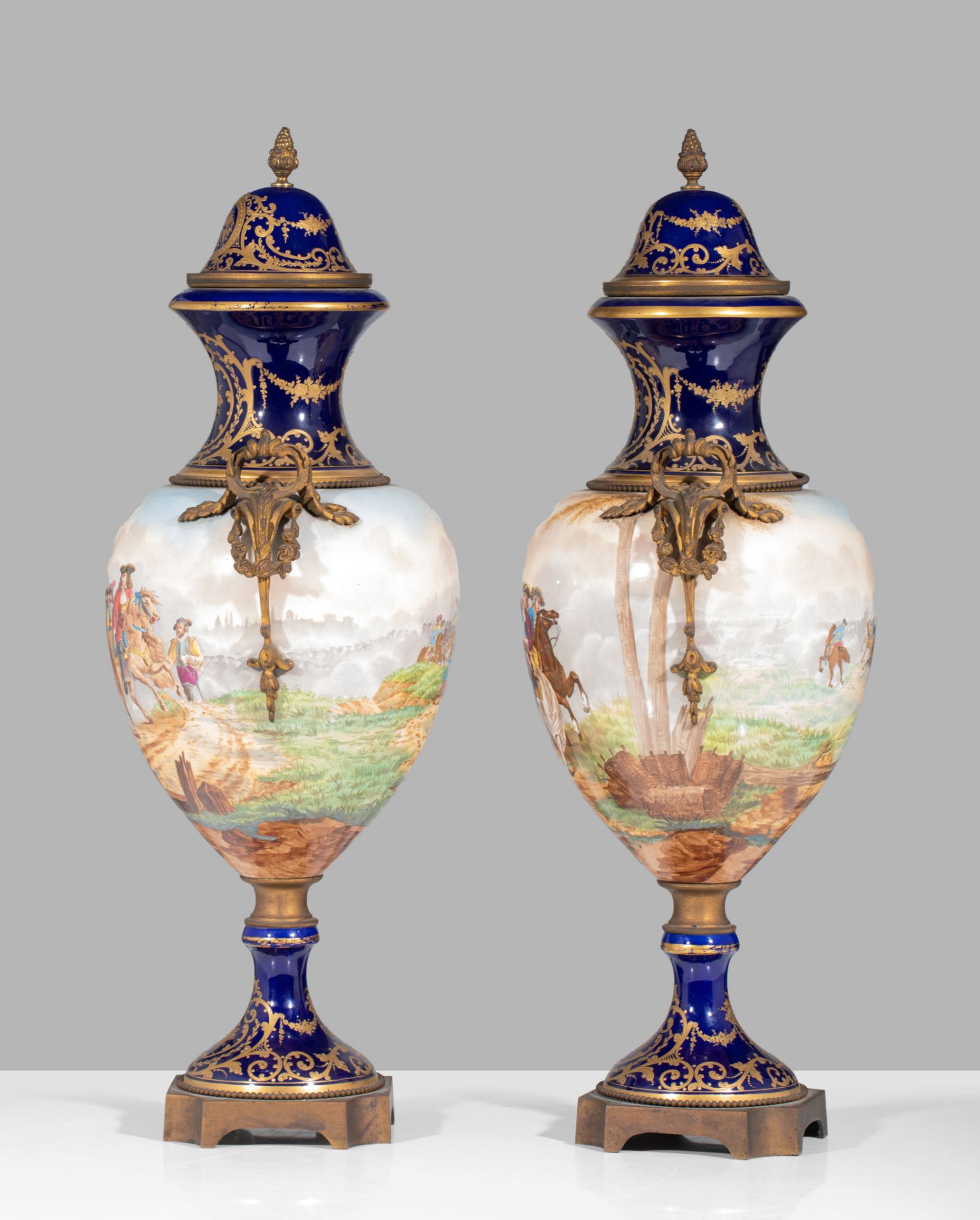 A pair of Sevres type vases, with hand-painted 17thC battle scenes, H 73 cm - Image 5 of 10