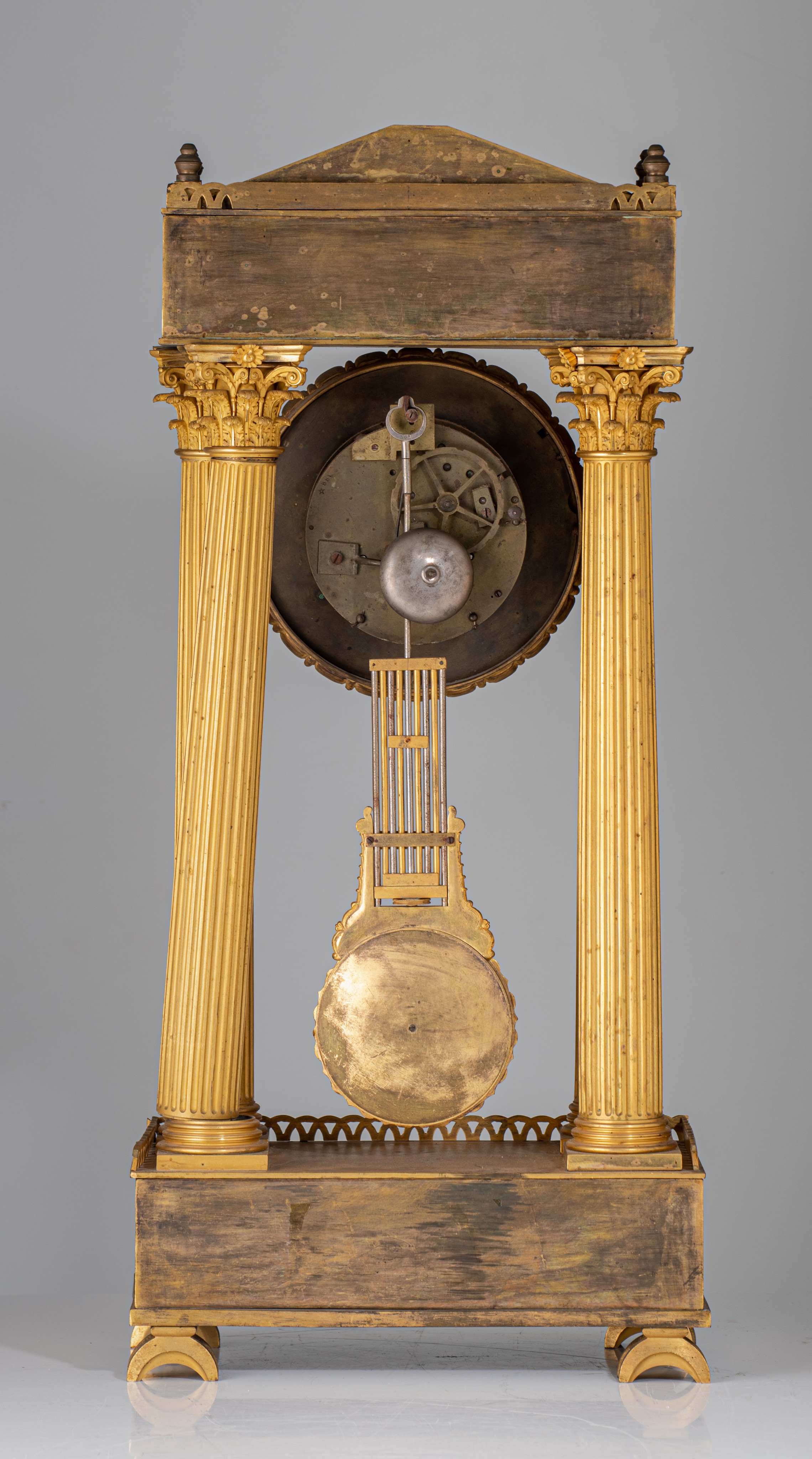 A Neoclassical gilt bronze portico clock, the enamelled dial signed 'Joseph Costa, a Paris', 19thC, - Image 5 of 9
