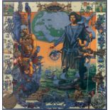 A framed silk Hermes scarf, depicting the discovery of the Americas, 1992, 88 x 90 cm
