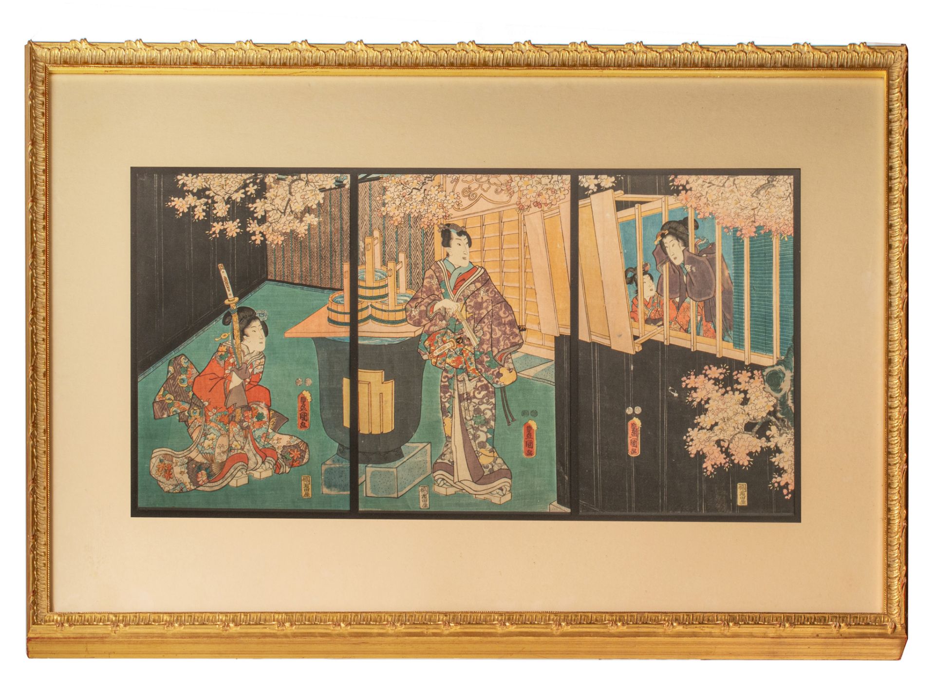 Triptych of Japanese woodblock prints format oban by Toyokuni, signed, depicting a scene from the ka - Bild 2 aus 3