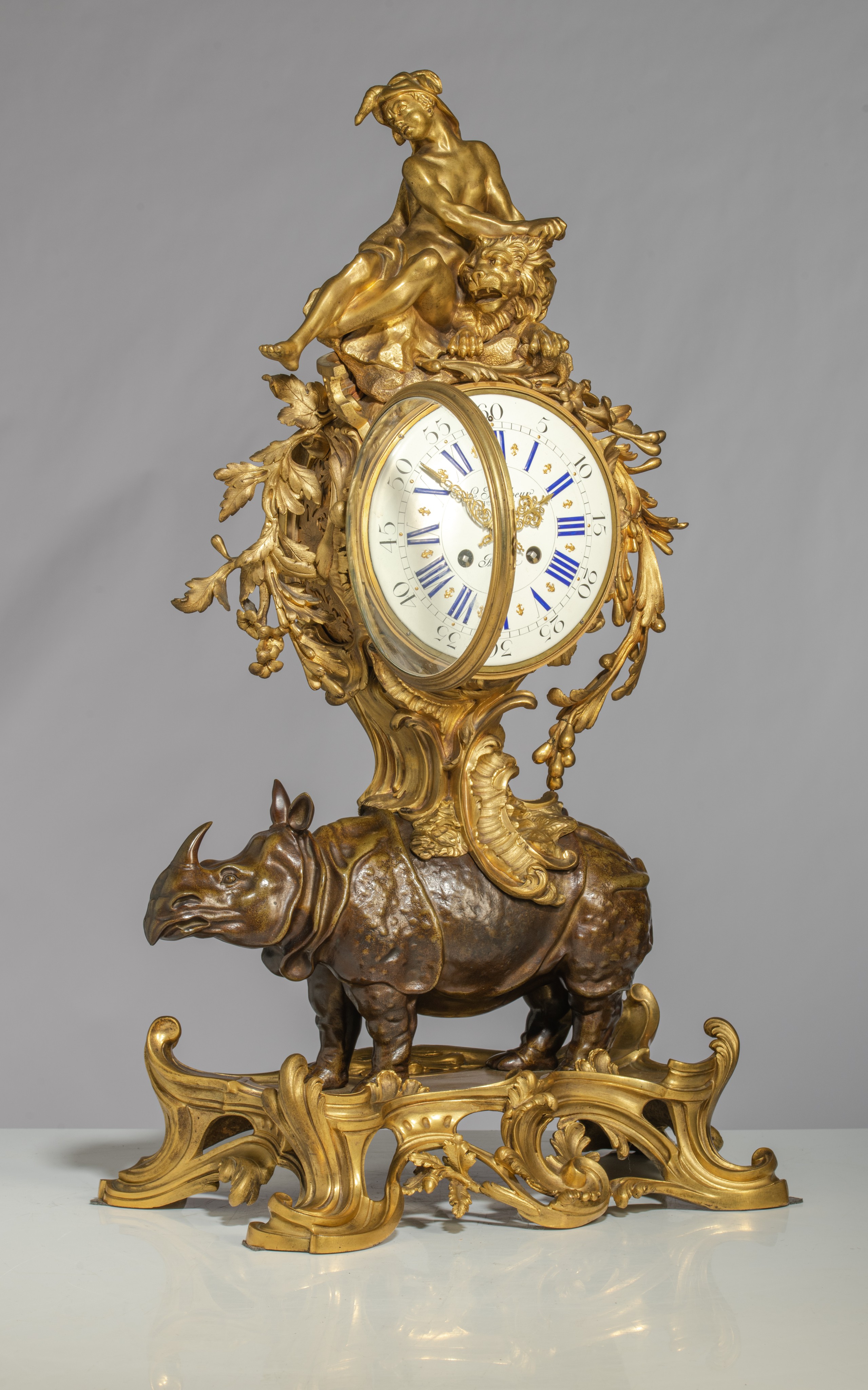 A very imposing Rococo style rhinoceros mantel clock, the dial signed 'Le Faucheur, Paris', H 77 - W - Image 4 of 12