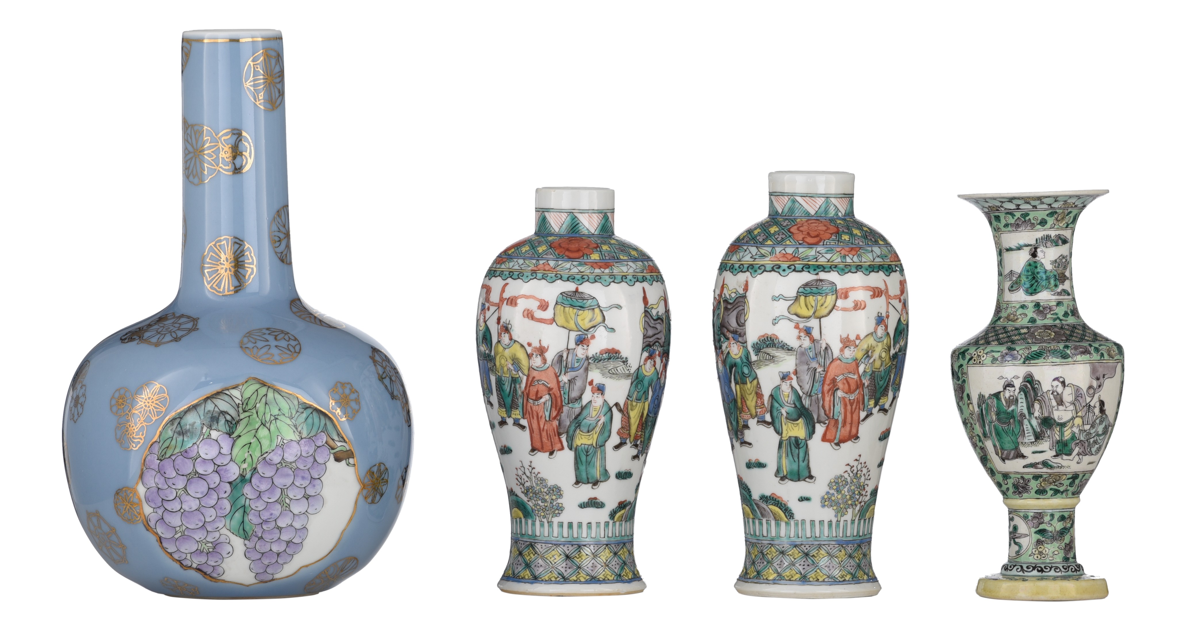 A collection of two Chinese famille verte vases and a famille rose bottle vase, Republic period/19th