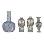 A collection of two Chinese famille verte vases and a famille rose bottle vase, Republic period/19th