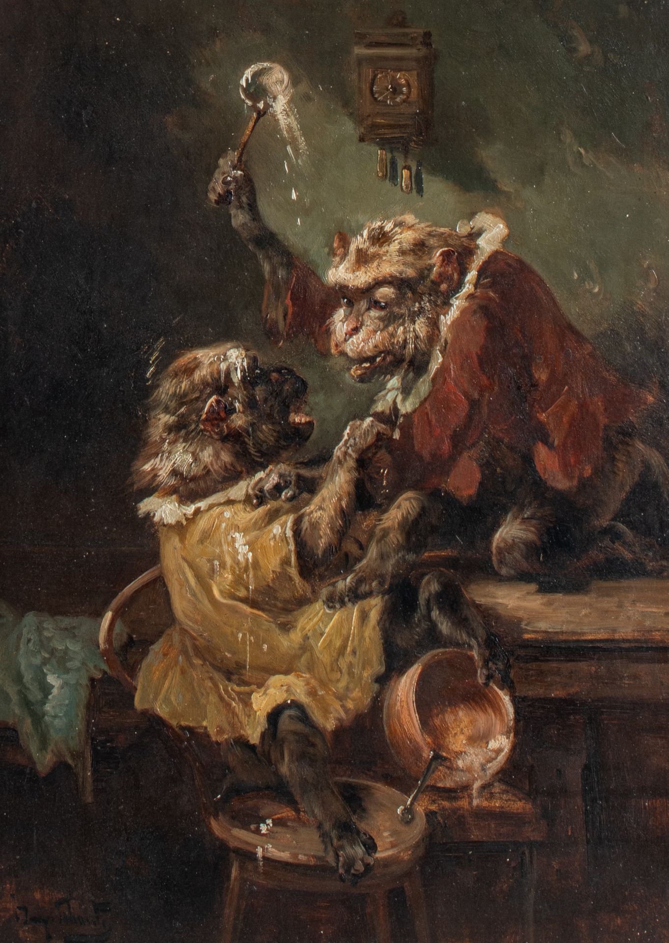 Henry Schouten (ca. 1860-1927) monkeys fighting in the kitchen, oil on panel, 44 x 60 cm