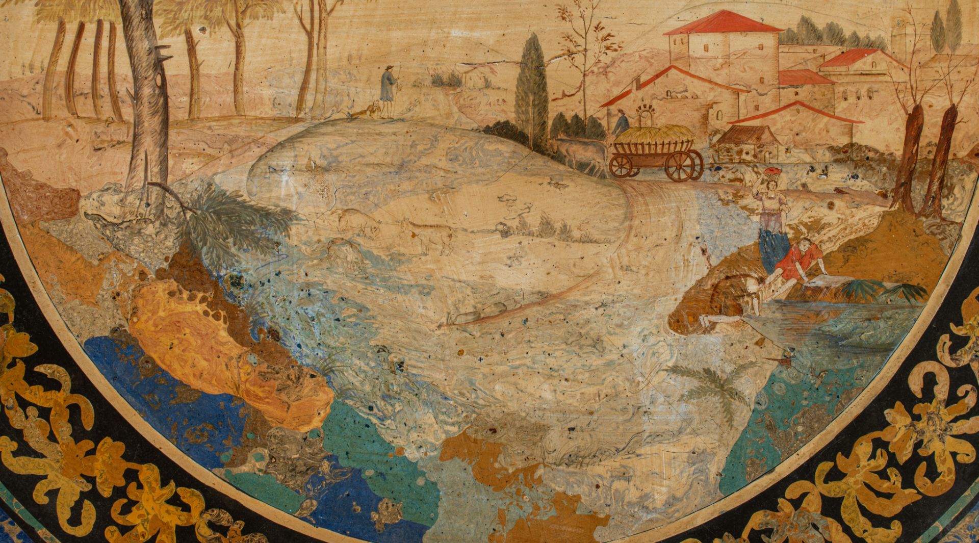 An Italian scagliola circular tabletop, a marble ground with hand-painted central pastoral scene, ca - Image 6 of 8