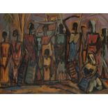 Floris Jespers (1889-1965), animated scene in Congo, '50s, oil on board, 33,5 x 44 cm
