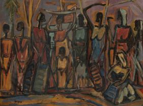 Floris Jespers (1889-1965), animated scene in Congo, '50s, oil on board, 33,5 x 44 cm