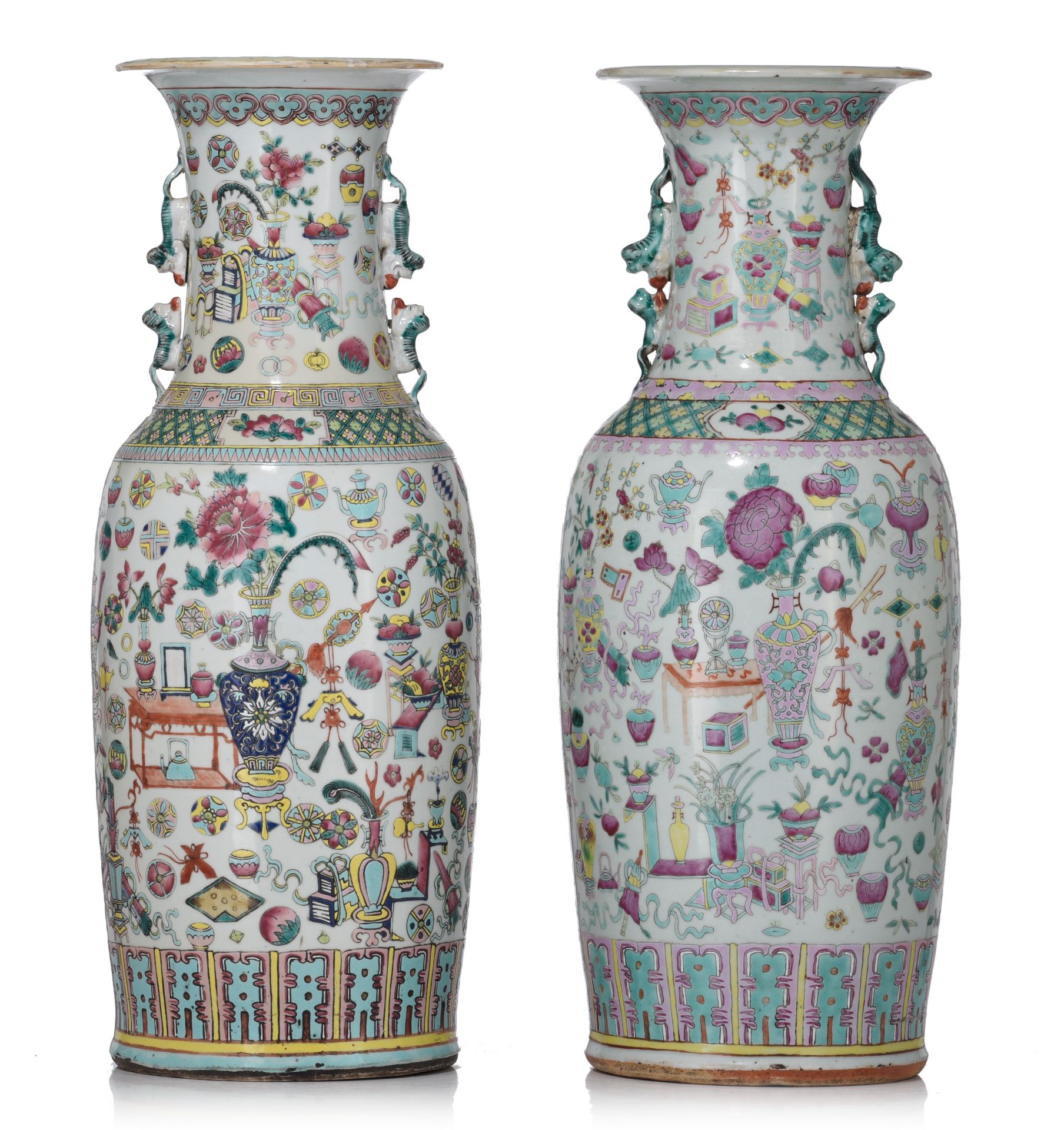 Two Chinese famille rose 'One Hundred Antiquities' vases, 19thC, H 58 cm