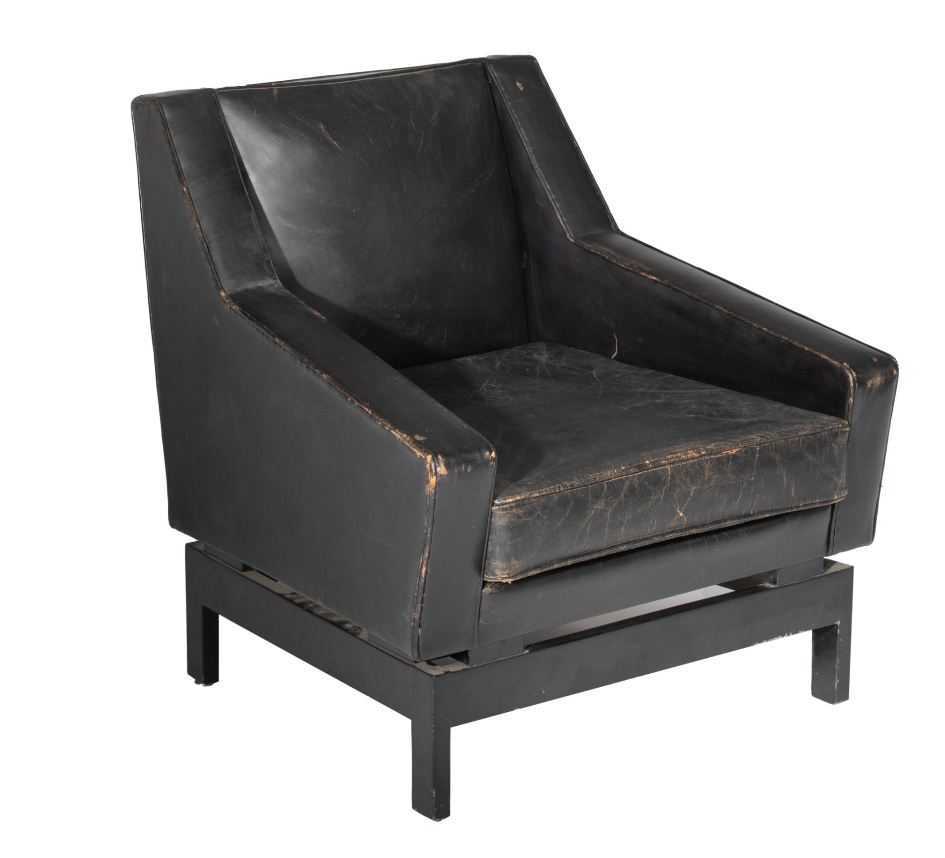 A Verraneman armchair, black leather on a black lacquered wooden frame, 1957, H 76 - W 72 cm