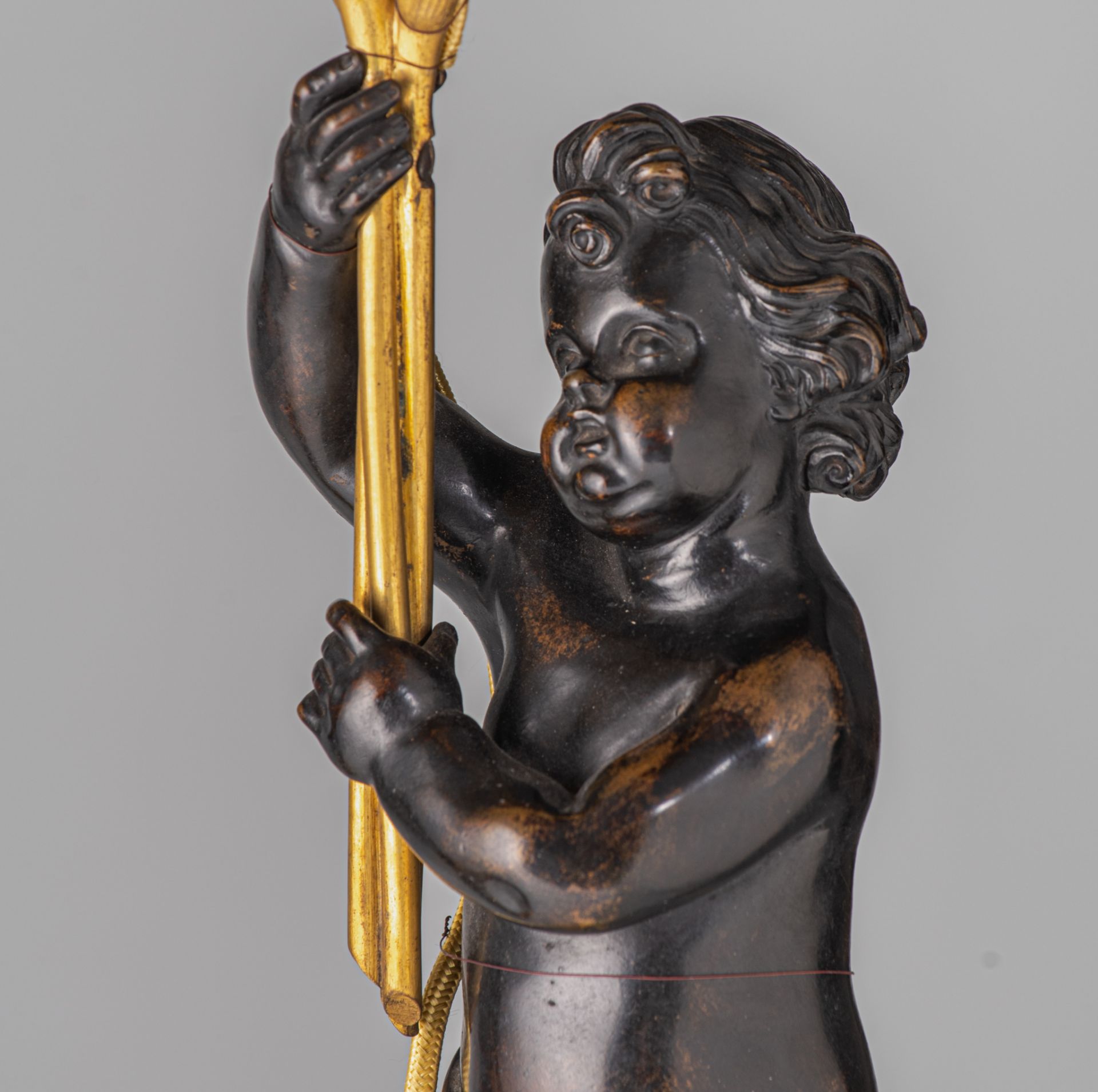 A pair of Neoclassical patinated and gilt bronze figural candelabras, H 80 cm - Image 7 of 7