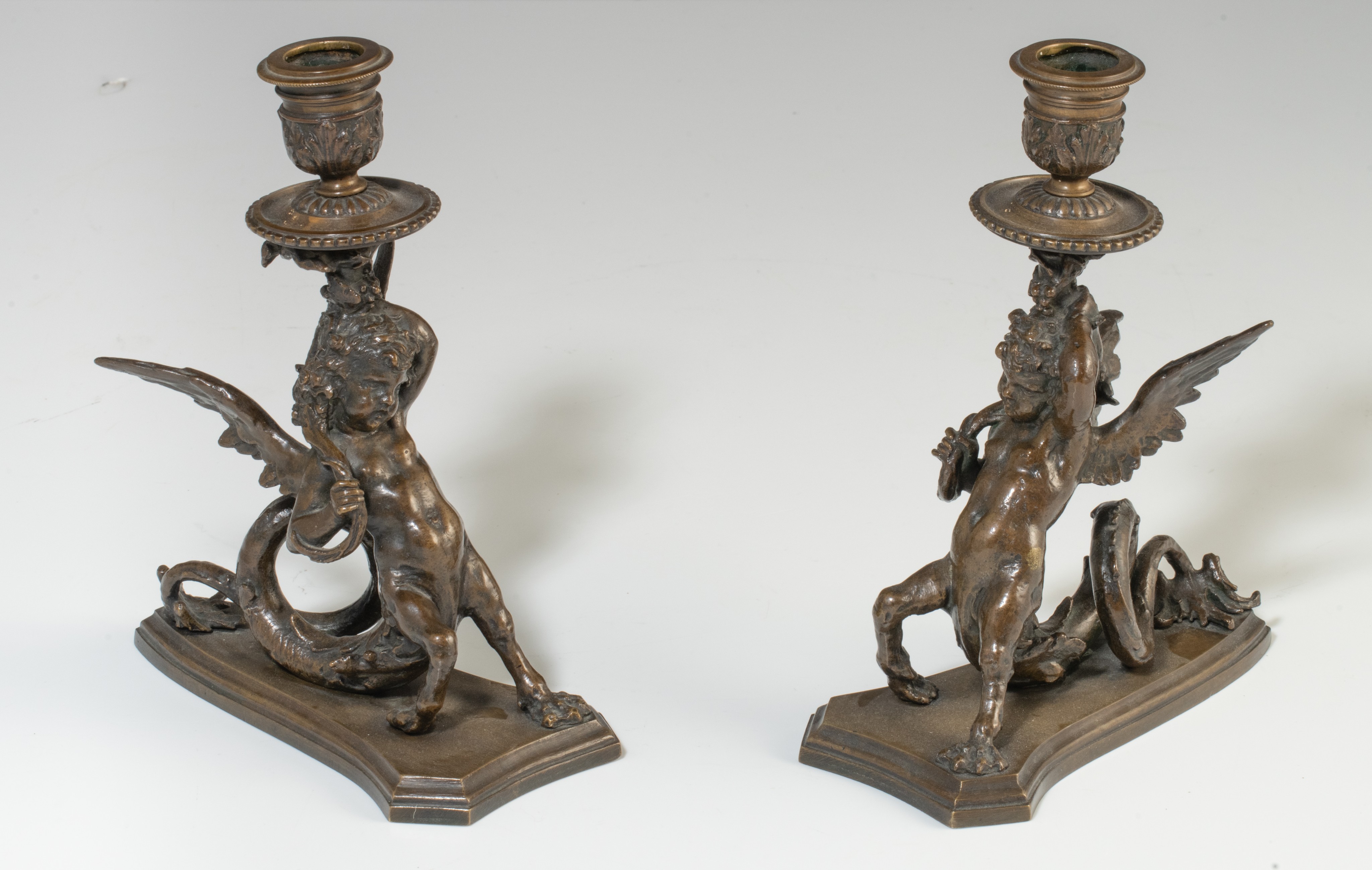 A Rococo style mantle clock with Cupid on his chariot and a pair of matching candlesticks, H 19,5 - - Image 7 of 9