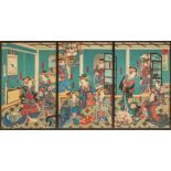 Triptych of Japanese woodblock prints format oban by Yoshitora, depicting oirans in a foyer, Meiji p