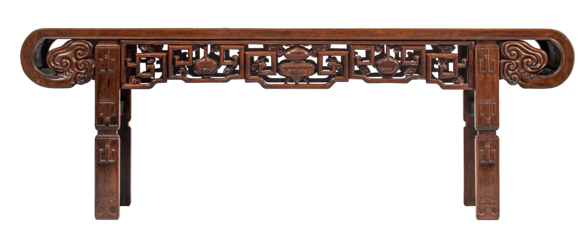 A Chinese hardwood kang table, with three 'dreamstone' marble plaques, Qing dynasty, 43 x 135 - H 47 - Image 3 of 9