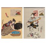 Two Japanese woodblock prints by Toyokuni, from the series "the 100 poets", one of a courtesan playi