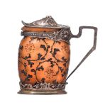 A fine Art Nouveau Cameo glass jug by Daum Nancy, with floral decorated silver mounts, ca. 1900, H 1