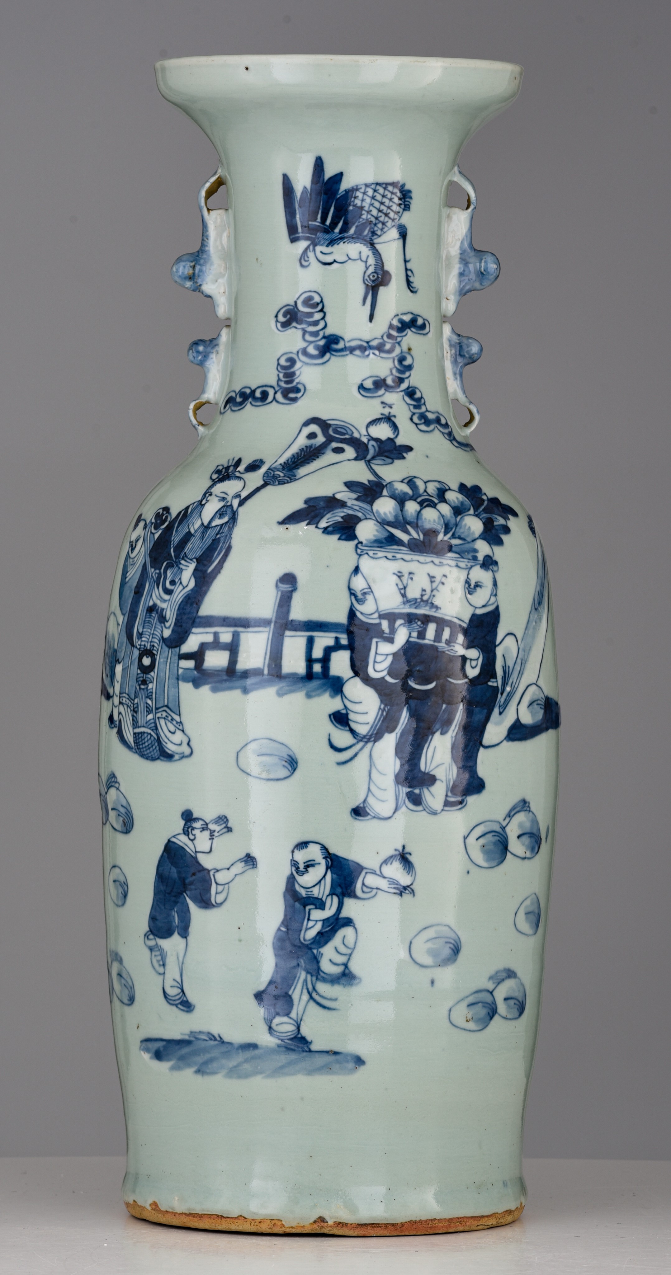 A Chinese blue and white on a celadon ground 'Figural' vase, paired with Fu lion handles, 19thC, H 5 - Image 2 of 7