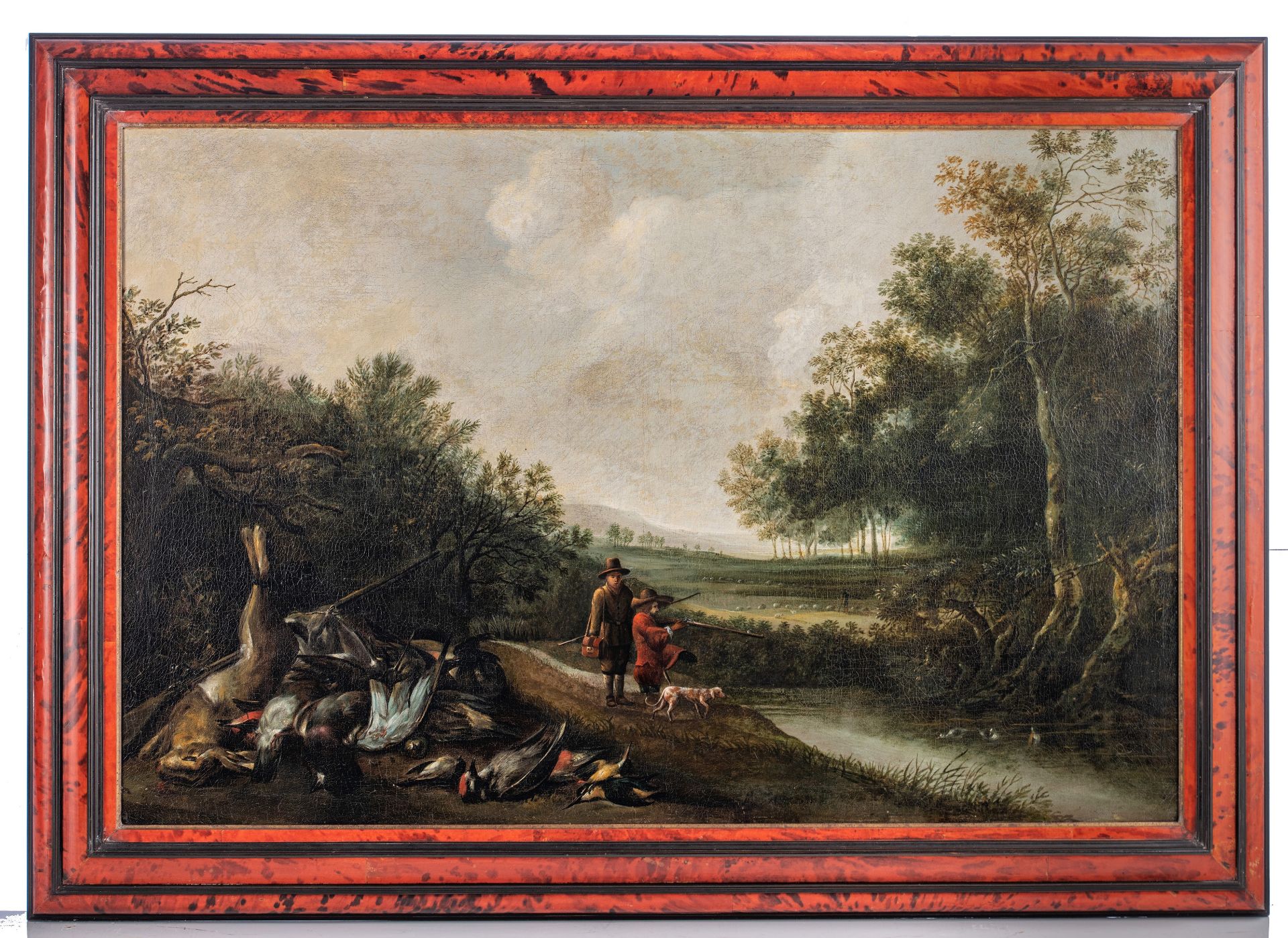 Hunters in a landscape with their hunting trophy, the Netherlands, 17thC, oil on canvas, 66 x 100 cm - Image 2 of 7