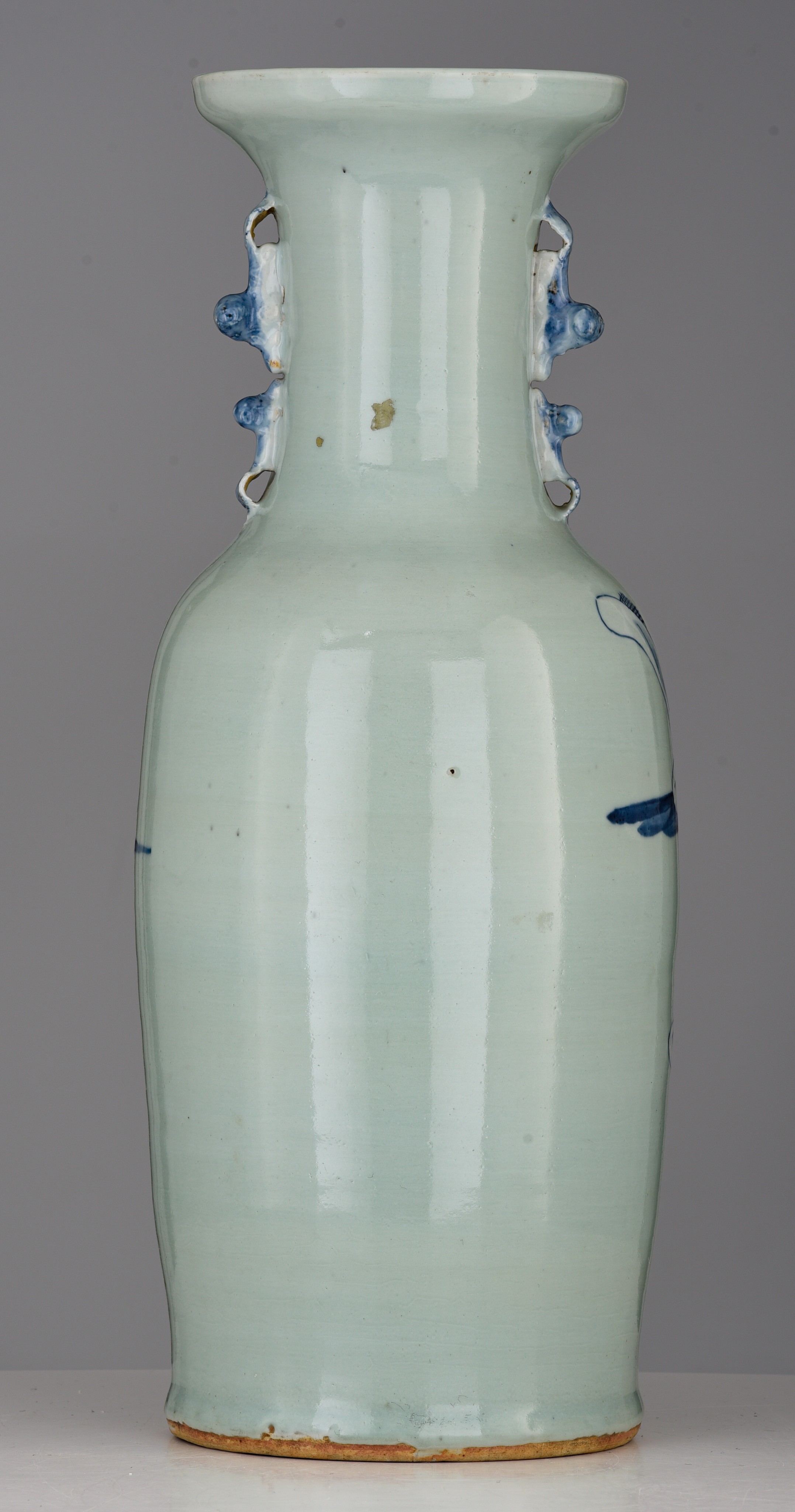 A Chinese blue and white on a celadon ground 'Figural' vase, paired with Fu lion handles, 19thC, H 5 - Image 4 of 7