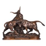 Leon Mignon (1847-1898), 'Combat de Taureaux Romains', patinated bronze, H 54,5 - W 61 cm