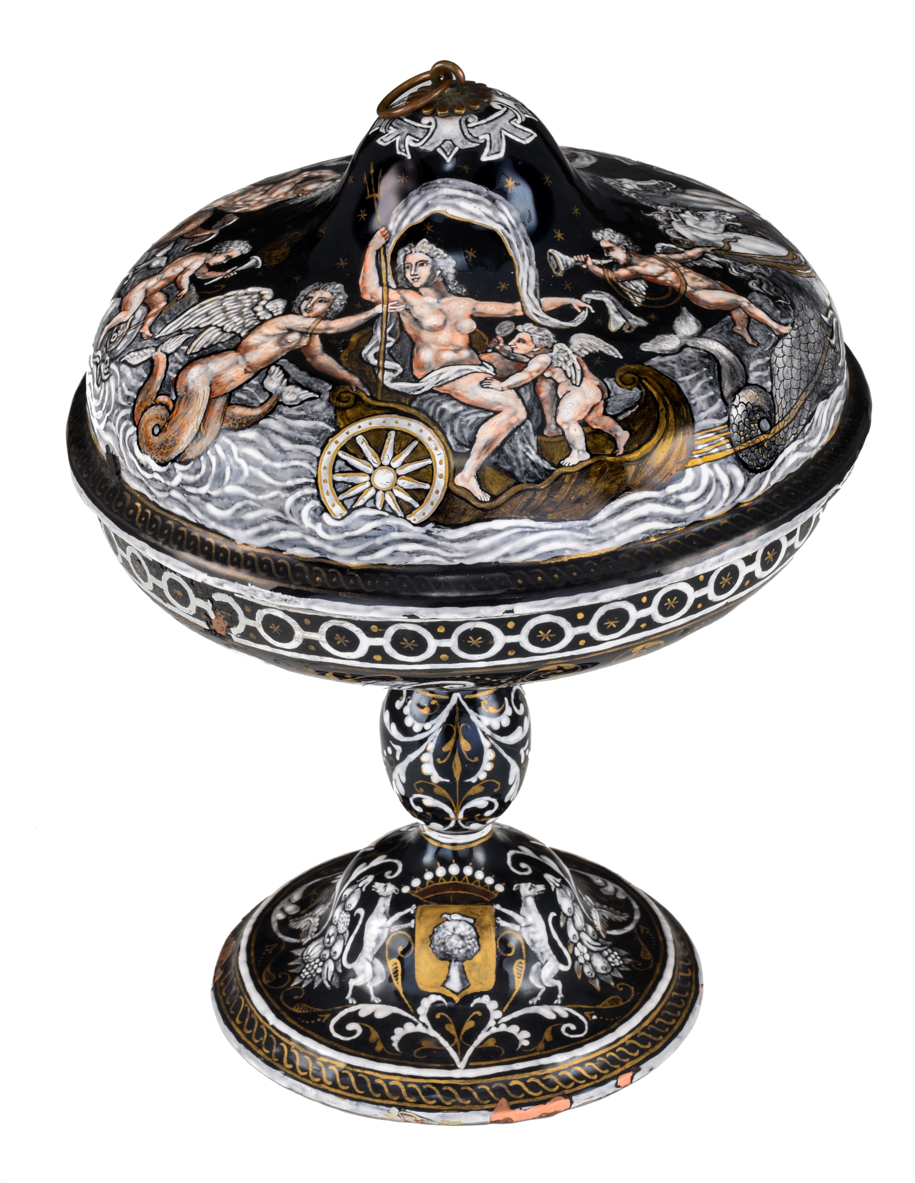 A Limoges enamel tazza with cover, depicting Neptune, presumably 16thC, on copper, H 26 cm