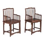 A pair of Chinese hardwood spindle back armchairs, Republic period, H 92 - W 52,5 - D 40 cm