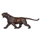 A Japanese patinated bronze model of a ferocious tiger, seal mark Hanehiroya, Meiji period, H 27 - L