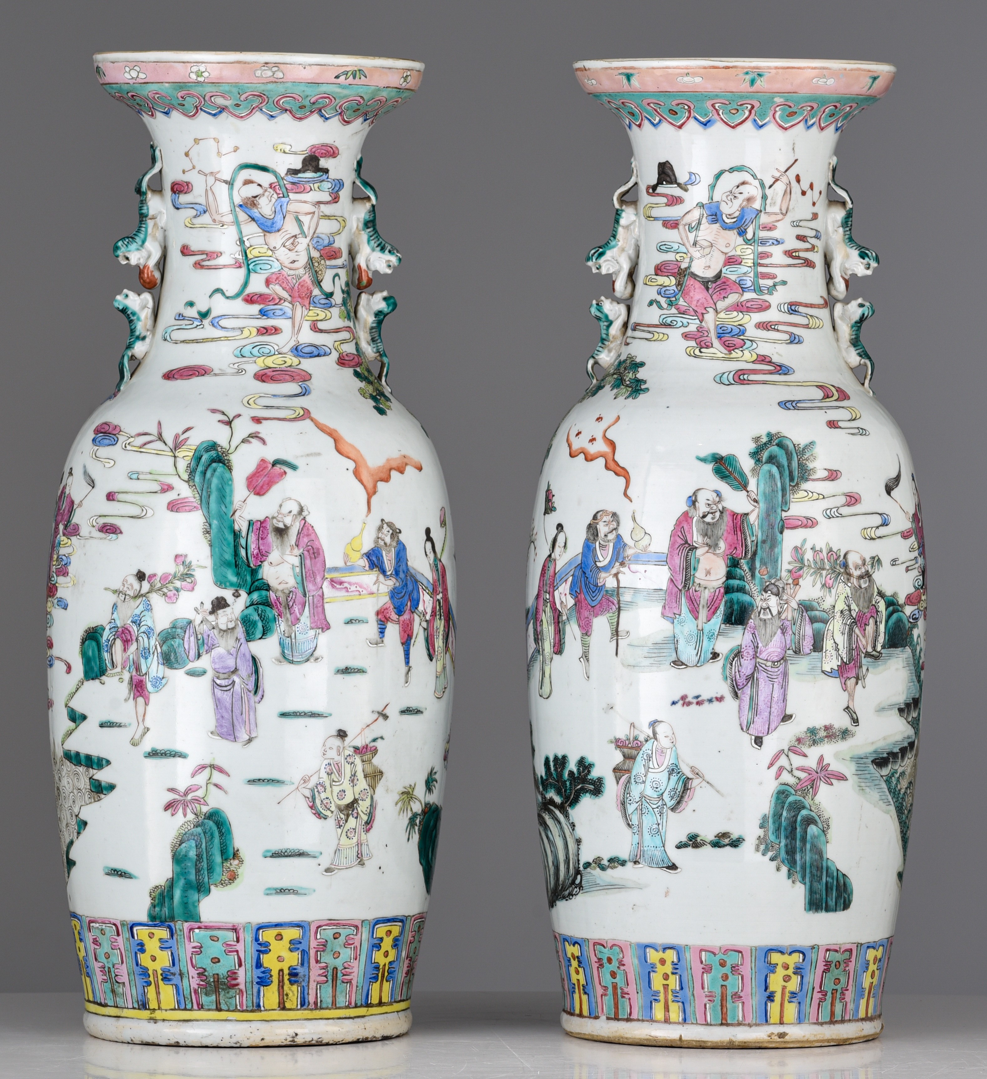 A pair of Chinese famille rose 'Immortals' vases, 19thC, H 58 cm - Image 4 of 7