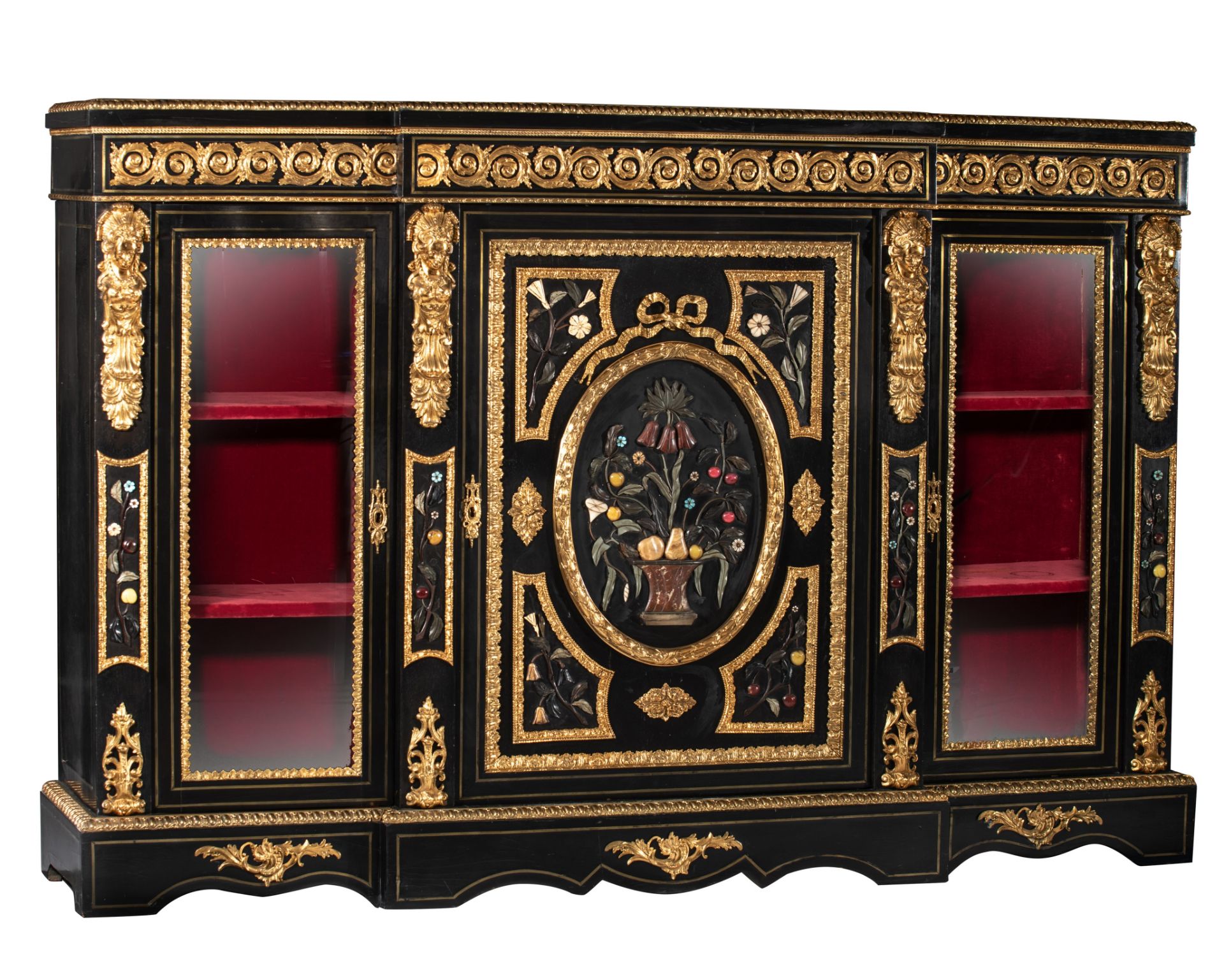 An impressive Neoclassical Napoleon III cabinet, decorated with semi-precious stones, H 118 - W 176