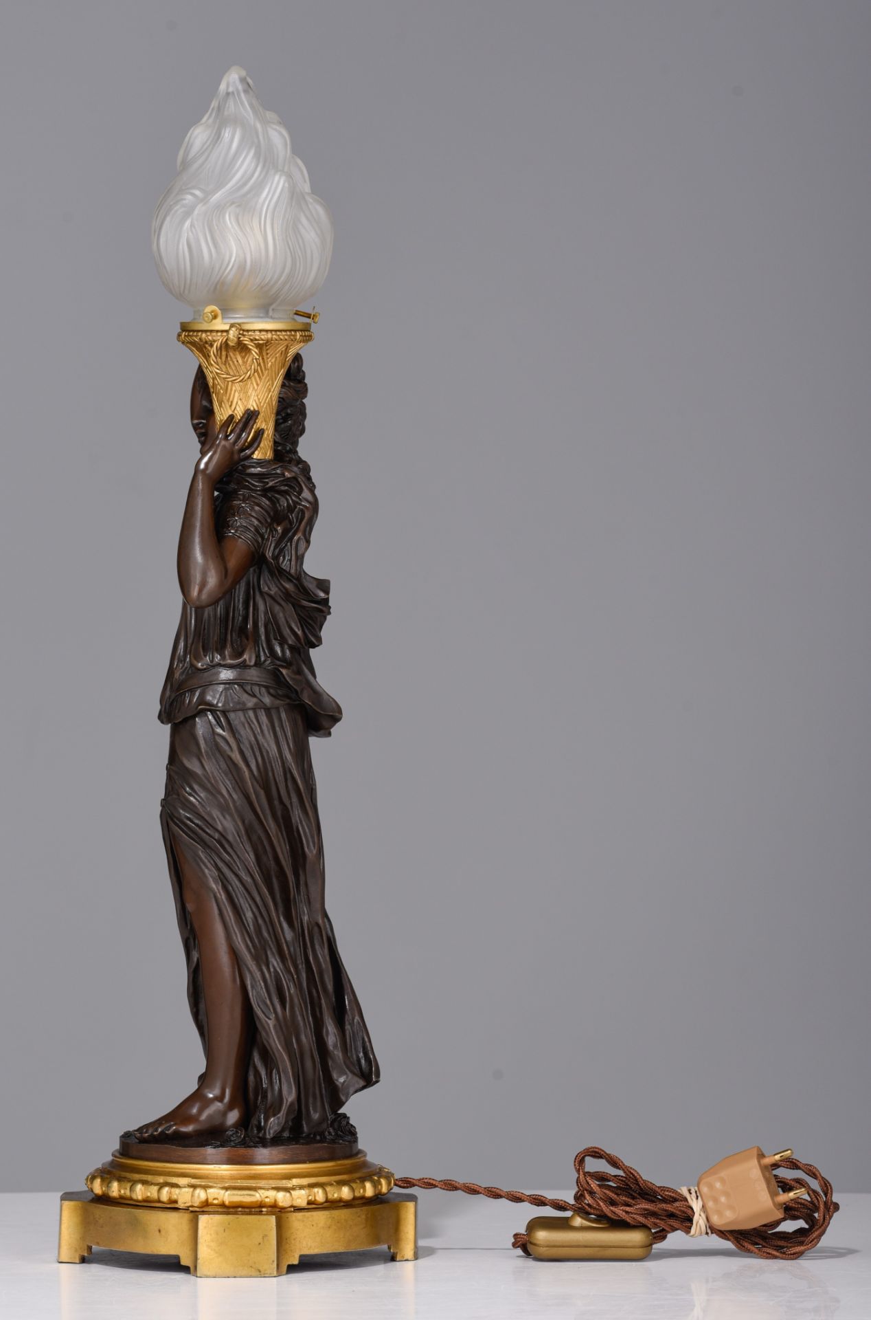 A gilt and patinated bronze figural lamp, H 57 cm - Image 3 of 7