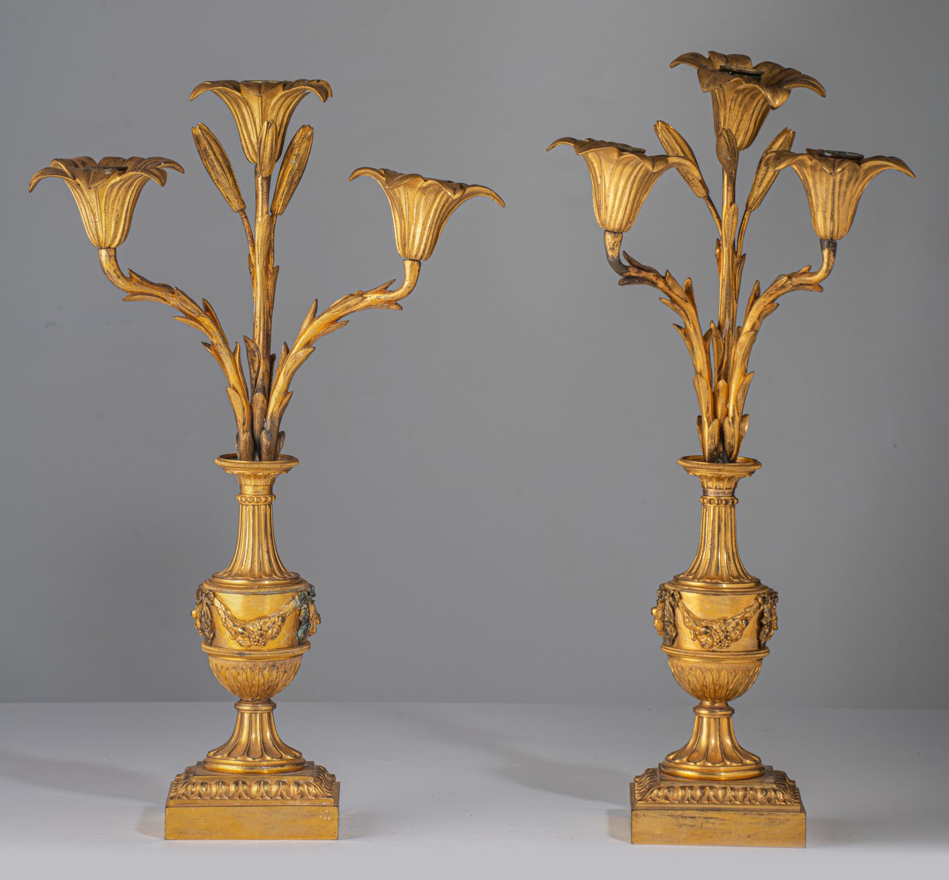 A pair of Neoclassical gilt bronze floral candelabras, H 48 cm - Image 2 of 6