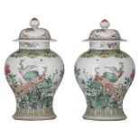 A fine pair of Chinese famille rose 'Phoenix' covered vases, 19thC, H 44,5 cm
