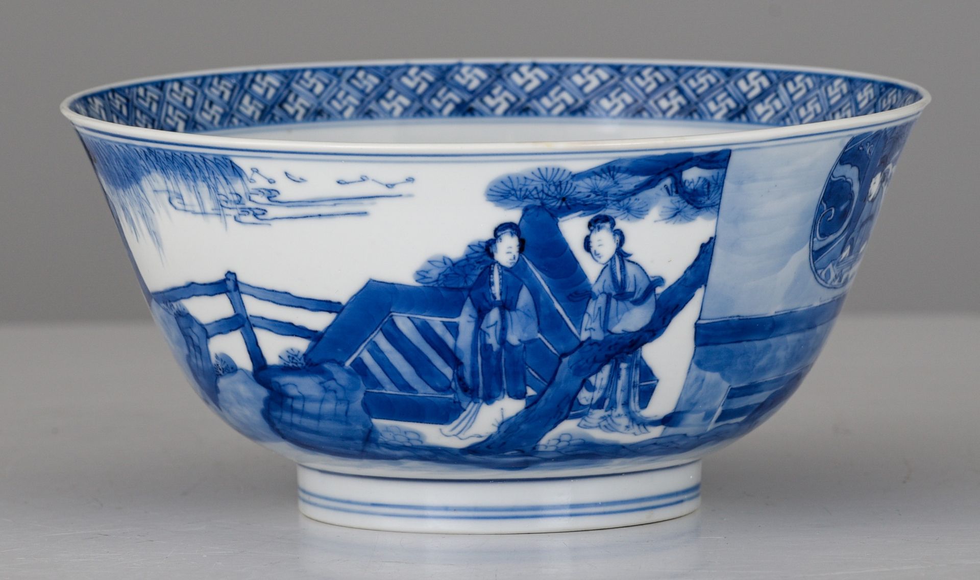 A Chinese blue and white figural bowl, Kangxi mark and of the period, H 7,5 - dia. 16 cm - Image 4 of 7