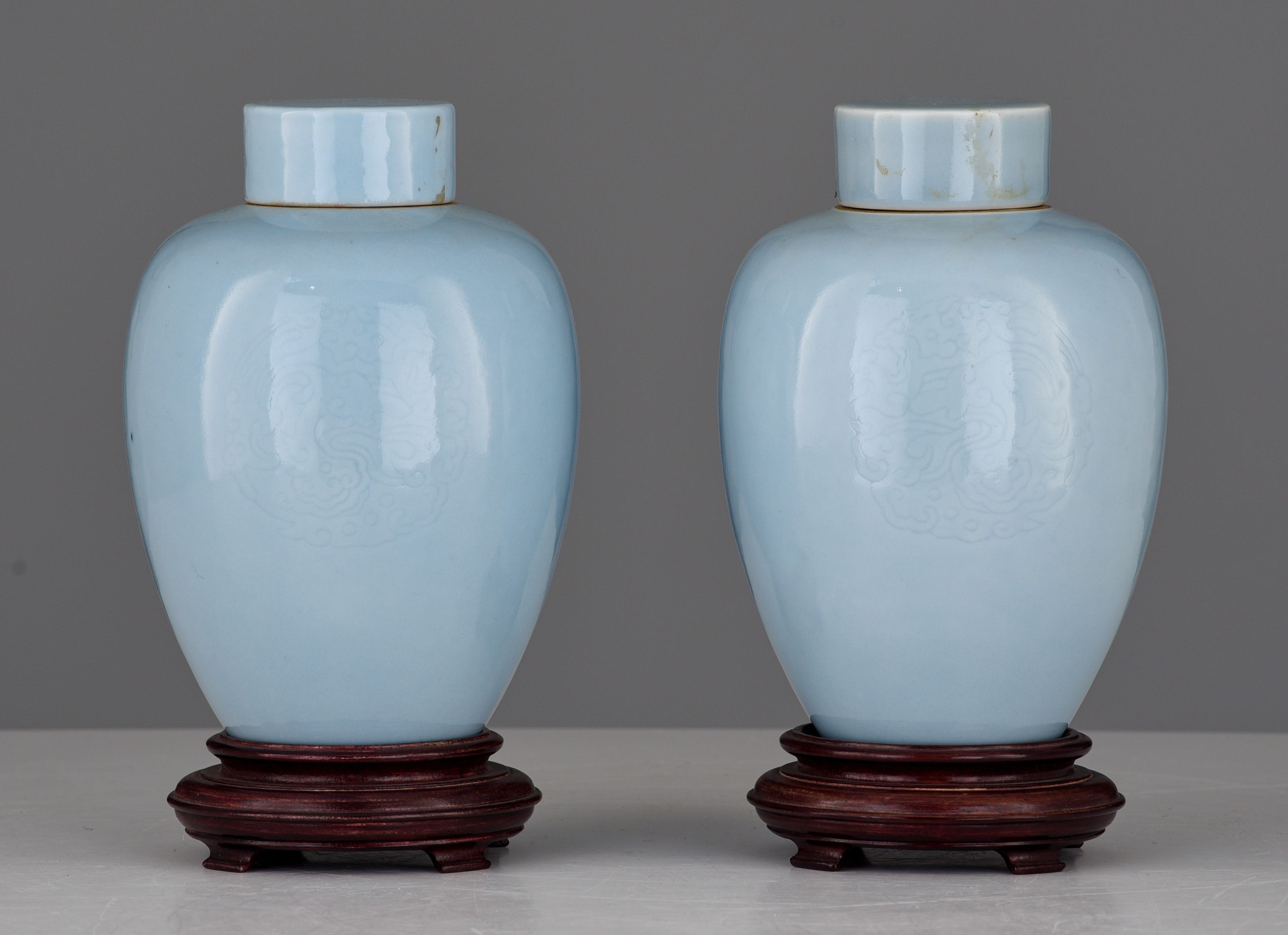 A series of two Chinese incised claire-de-lune glazed tea caddies and lids, with a Kangxi mark, H 17 - Image 2 of 7