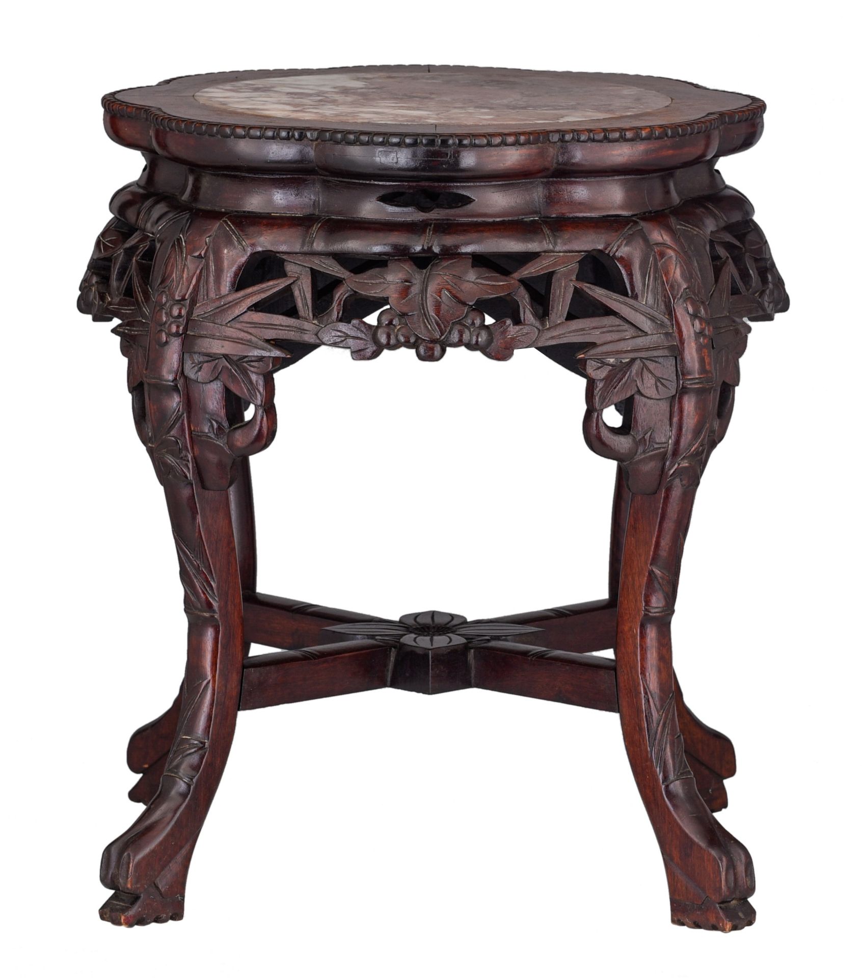 A Chines red lacquered base and a carved hardwood base with a marble top, 19thC/20thC, Tallest H 47 - Bild 2 aus 15