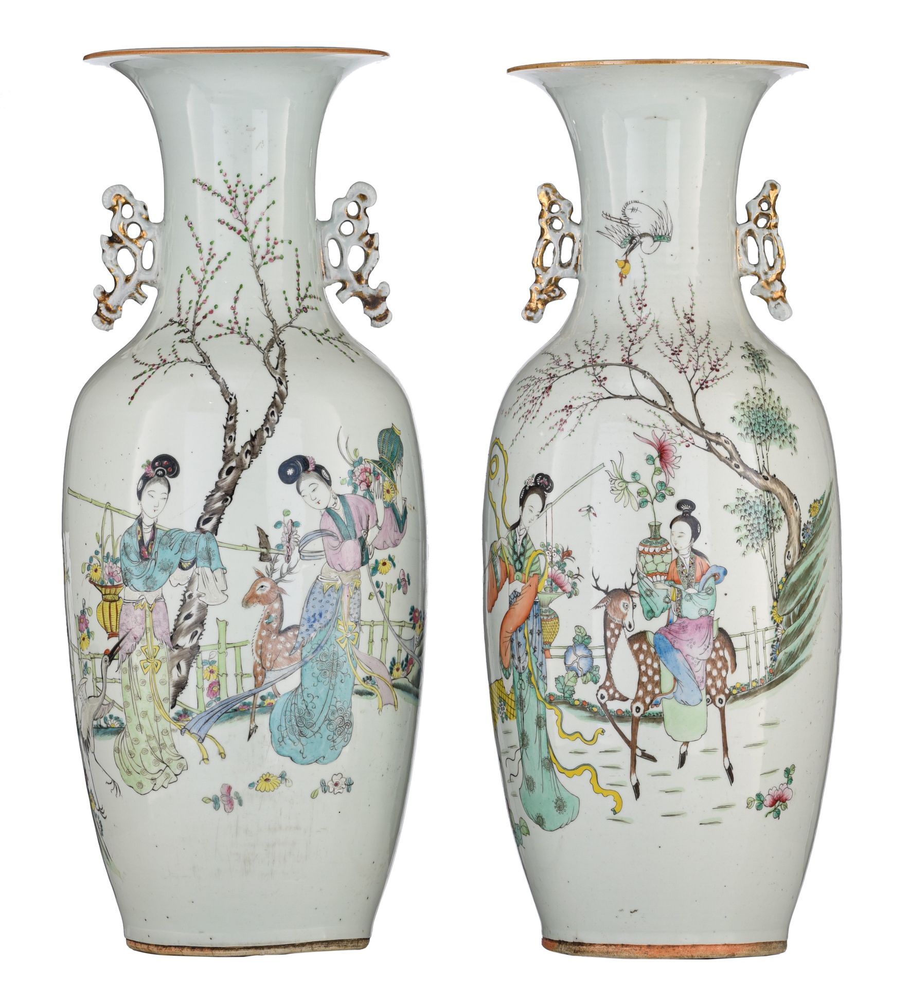 Two Chinese famille rose 'Magu and the deer' vases, the back with a signed text, Republic period H 5