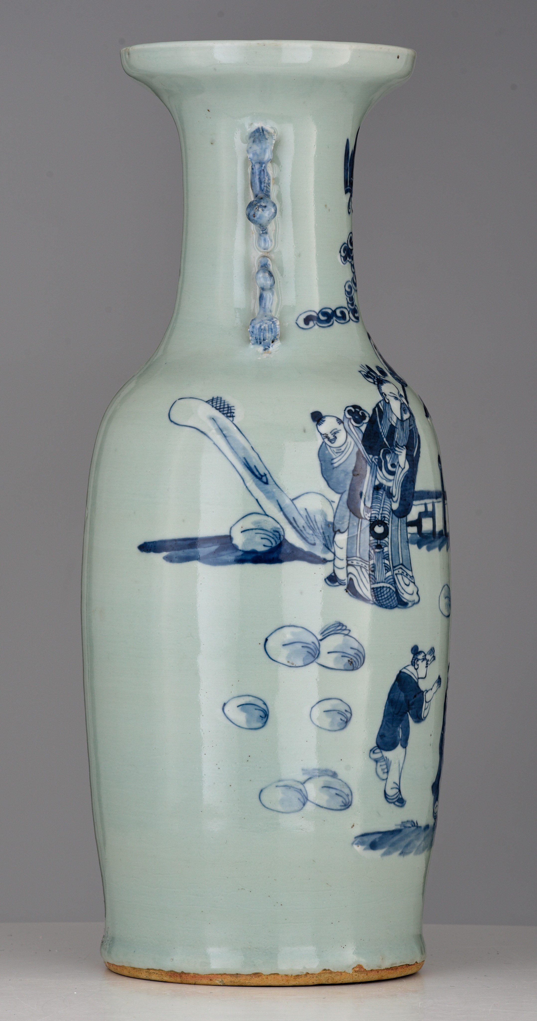 A Chinese blue and white on a celadon ground 'Figural' vase, paired with Fu lion handles, 19thC, H 5 - Image 5 of 7