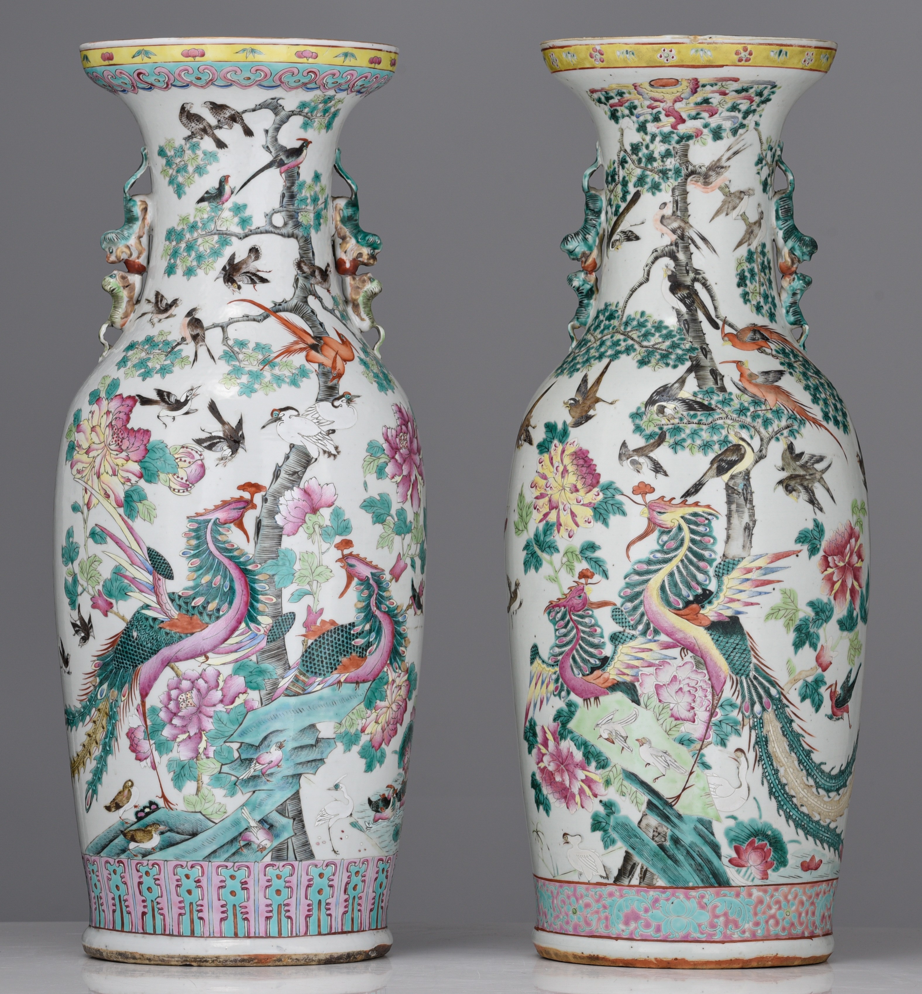 A similar pair of Chinese famille rose 'One Hundred Birds' vases, 19thC, H 62 cm - Image 2 of 7